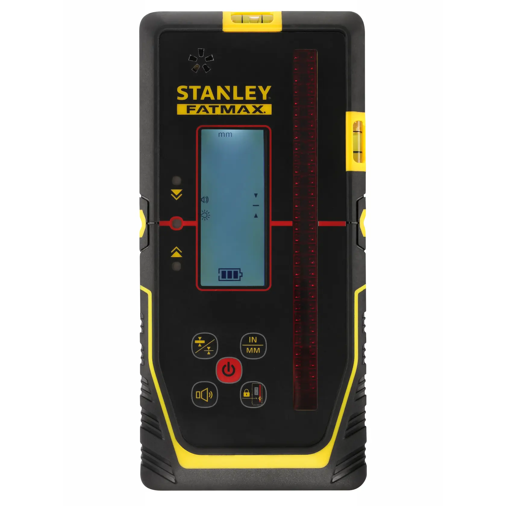 STANLEY FMHT77652-0 laser receiver with digital display, front view, black and yellow casing.