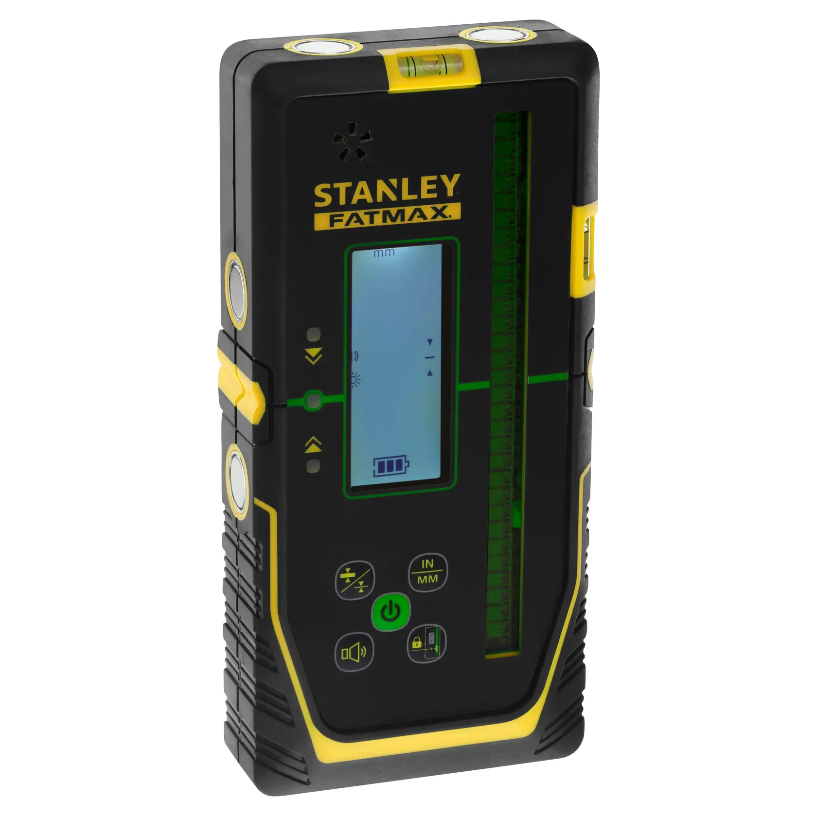 STANLEY FMHT77653-0 laser detector, black and yellow, front angle, with digital display and control buttons.