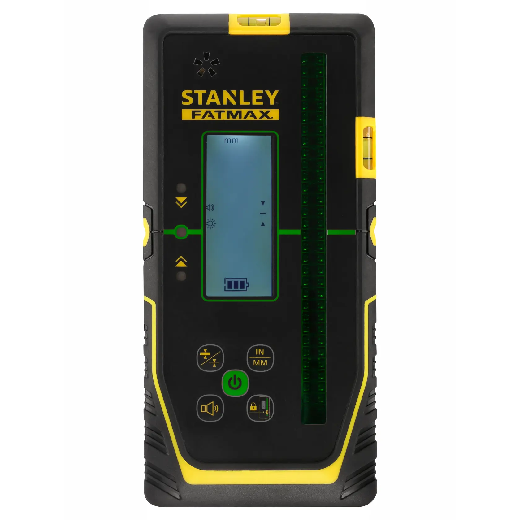 Photo of STANLEY FMHT77653-0 laser detector, black and yellow, front view showing LCD screen and control buttons.