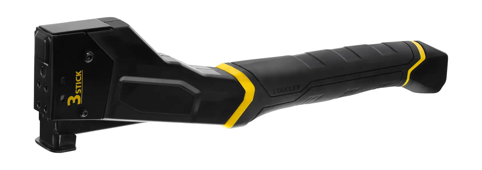 STANLEY FMHT81394-9 hammer tacker, black and yellow side view on white background.