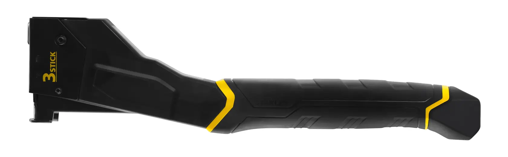 STANLEY FMHT81394-9 heavy-duty staple gun side view, black body with yellow accents, ergonomic handle.