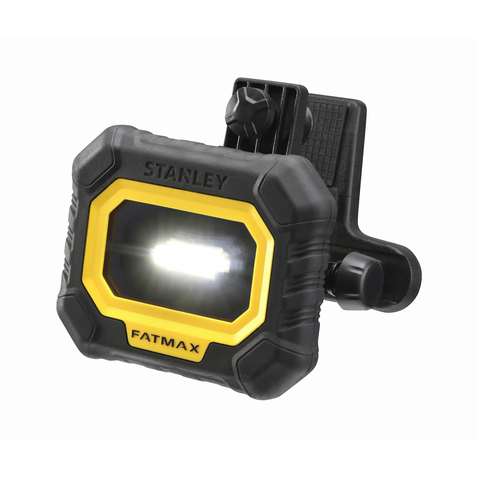STANLEY FMHT81507-1 portable LED work light, black and yellow, front angle on white background.