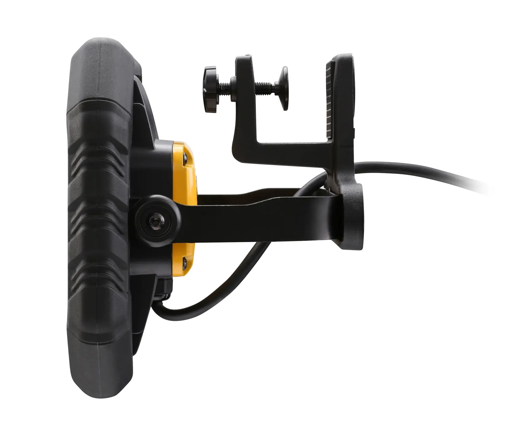 STANLEY FMHT81507-1 work light side view with black handle, yellow housing, and mounting clamp.
