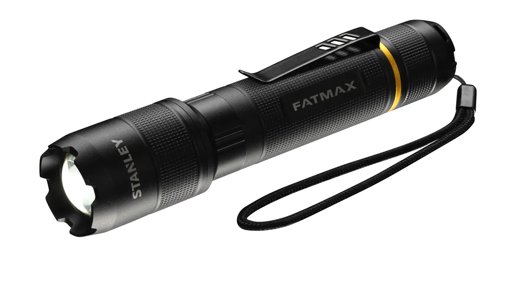 STANLEY FMHT81511-0 black flashlight with clip, wrist strap, yellow accent, product side angle on white background.