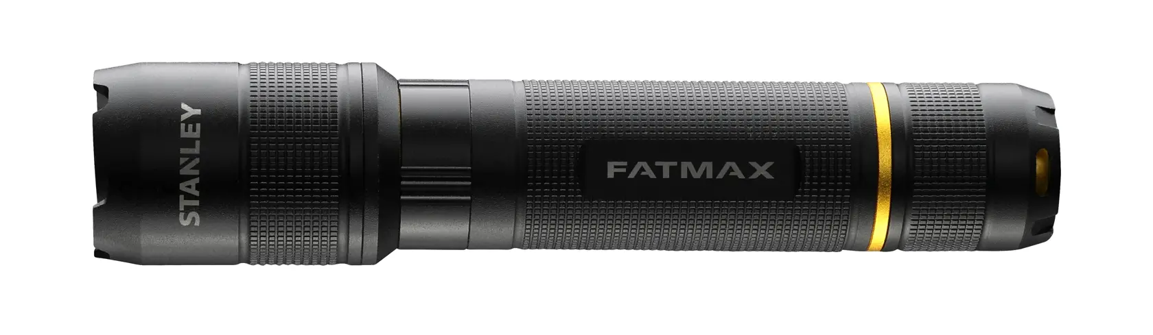STANLEY FMHT81511-0 black flashlight with yellow ring, side angle on white background.