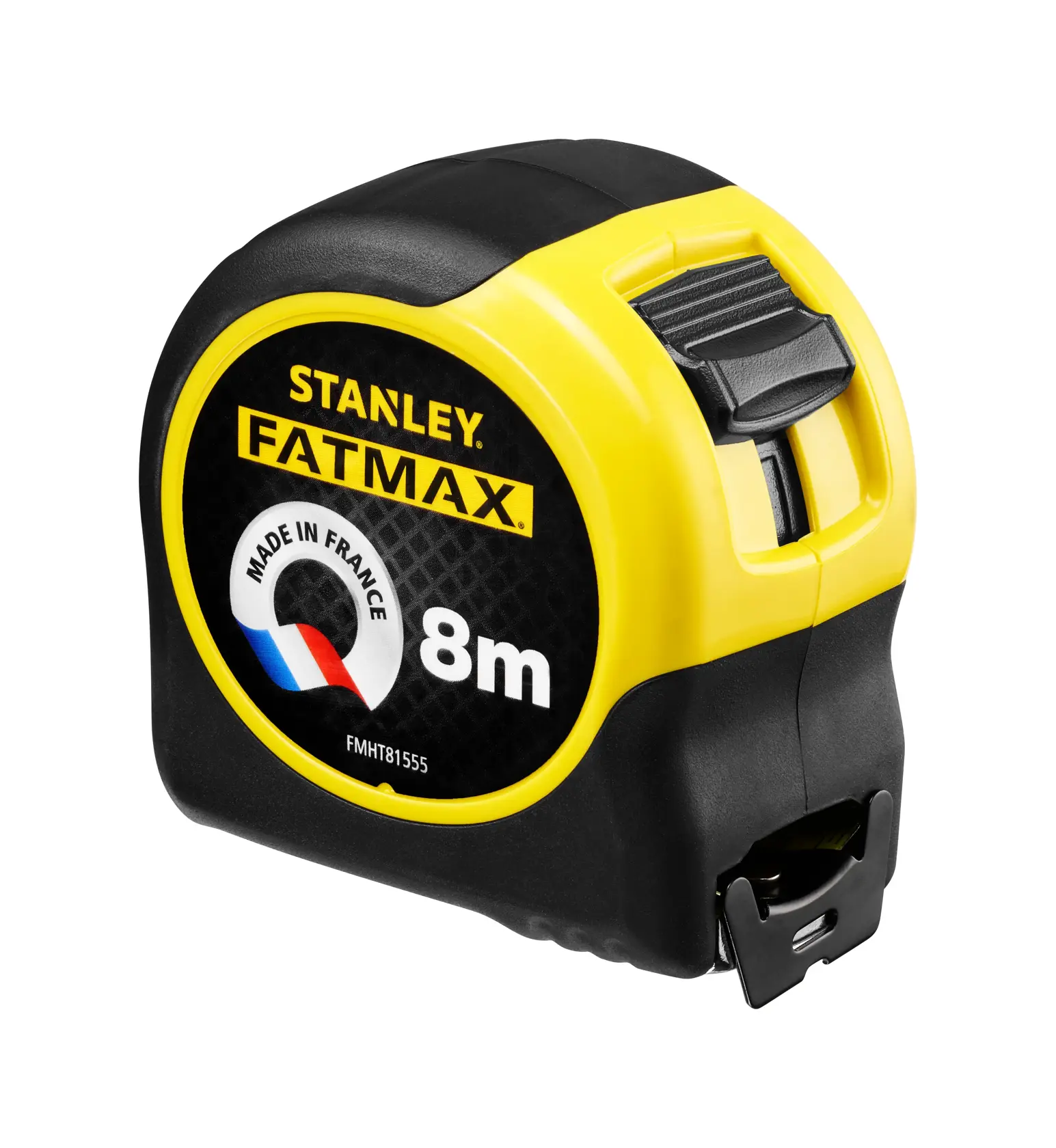 Stanley FATMAX FMHT81555-0 tape measure, 8m, black and yellow, left front angle, white background.