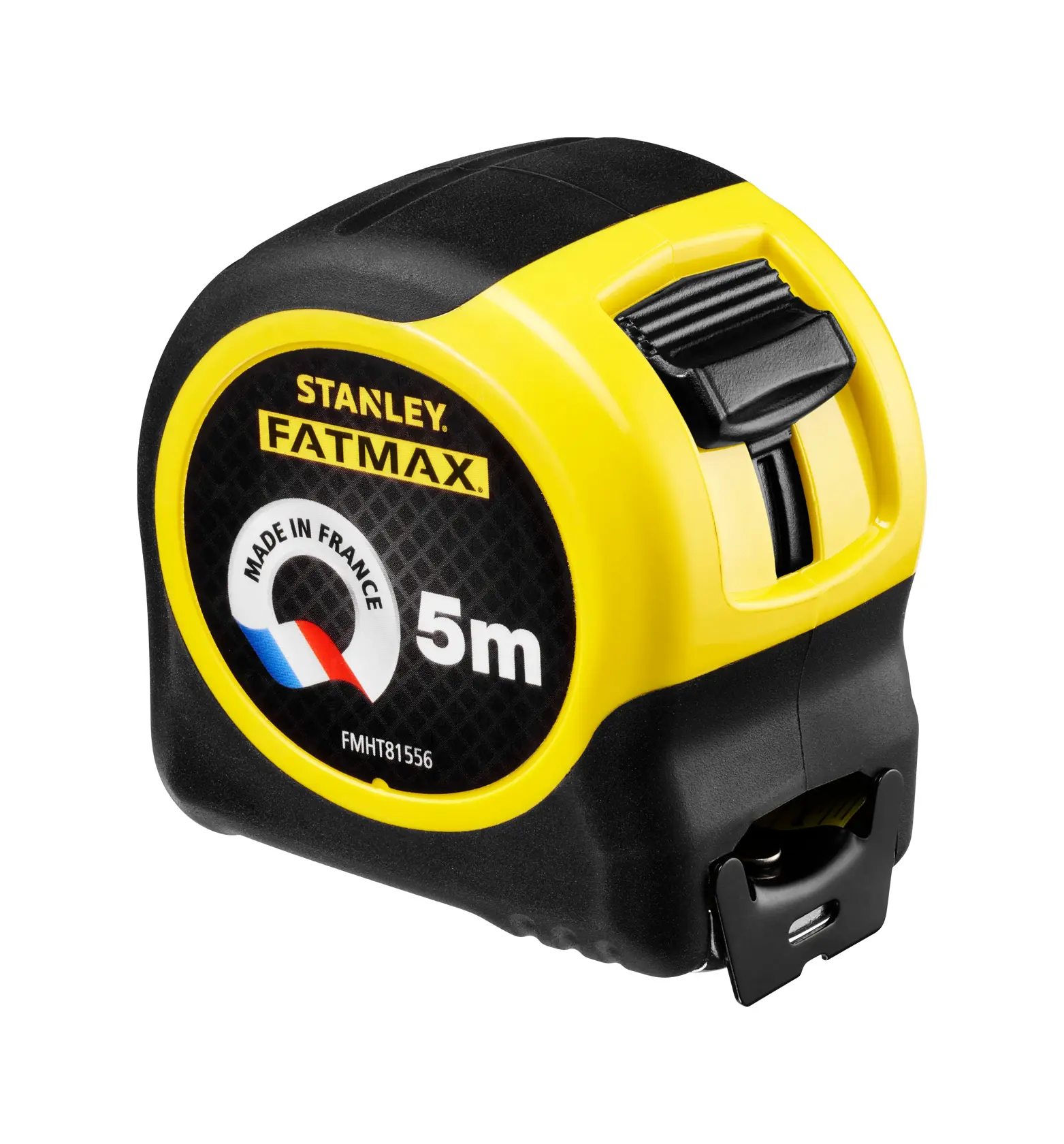 Photo of STANLEY FMHT81556-0 5m FatMax tape measure, black and yellow casing, front right angle.