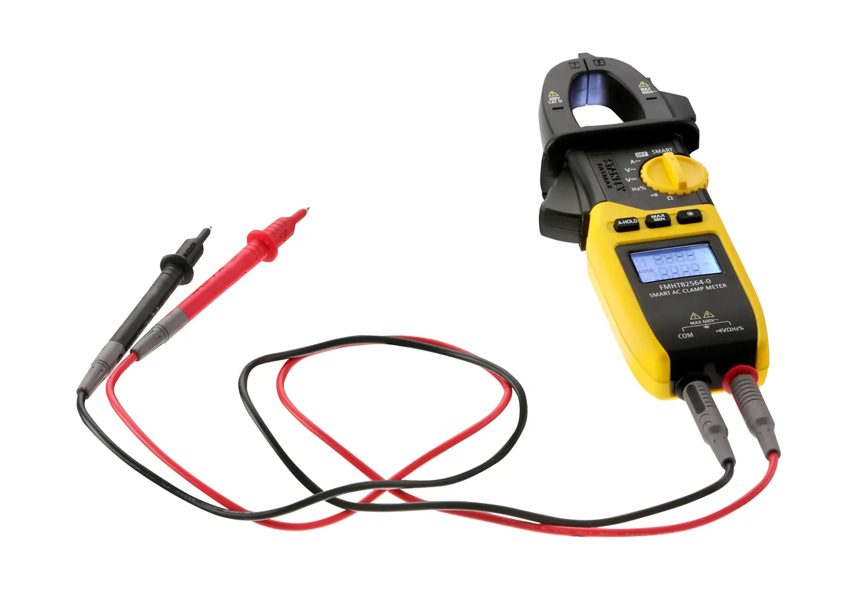 STANLEY FMHT82564-0 clamp meter with yellow body and red and black test leads, front angle on white background.
