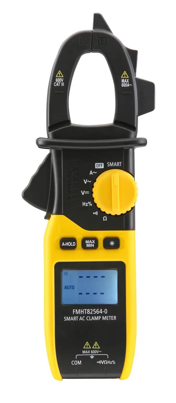 STANLEY FMHT82564-0 smart AC clamp meter, yellow and black, front view, digital screen and rotary dial.