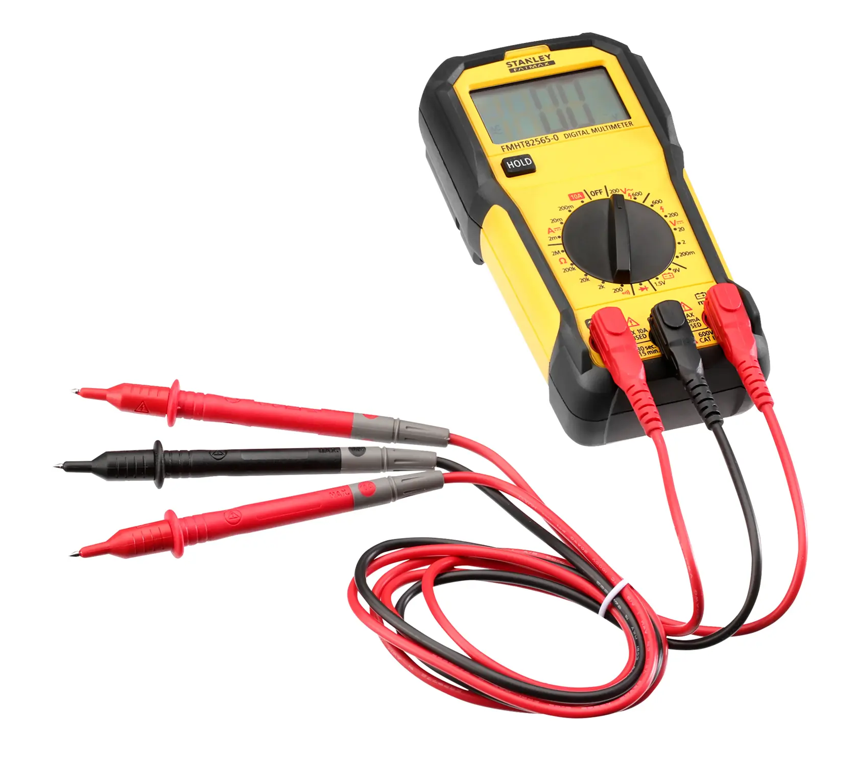 STANLEY FMHT82565-0 digital multimeter, yellow and black, with red and black test leads, front angle
