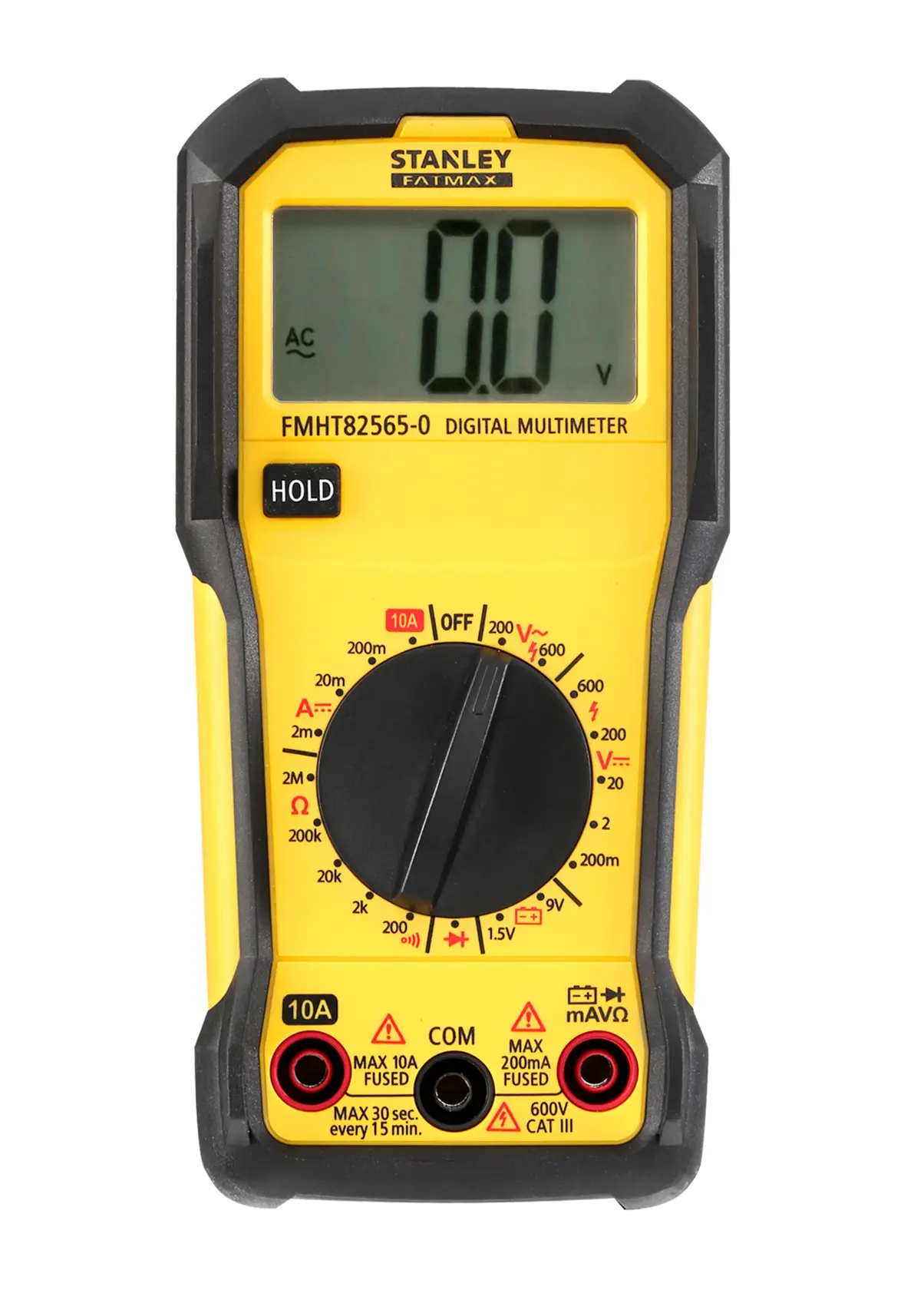 Stanley FMHT82565-0 digital multimeter, yellow and black, front view on white background.