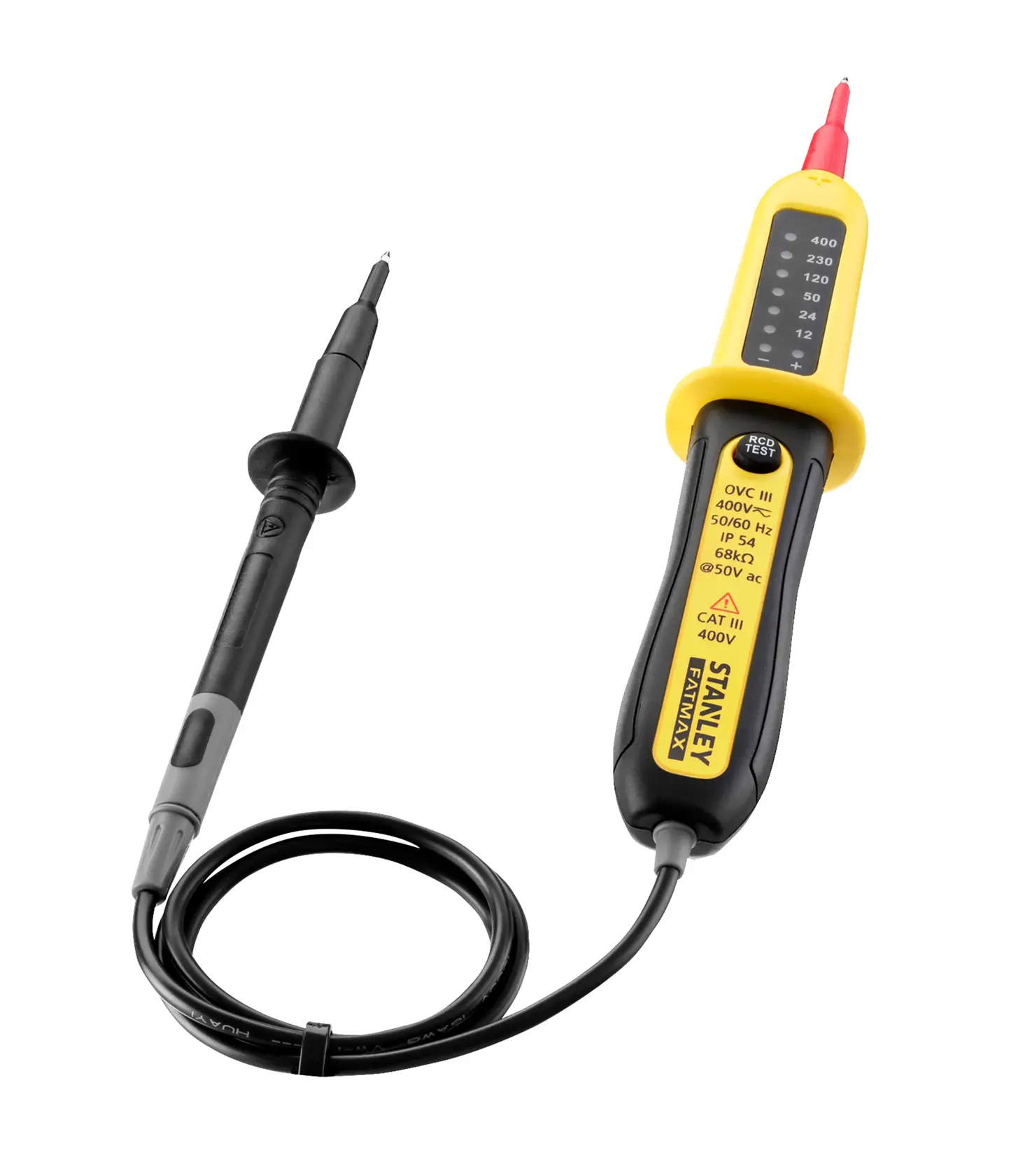 STANLEY FMHT82566-0 voltage tester with yellow and black body, display, and connected black probe, front angle.