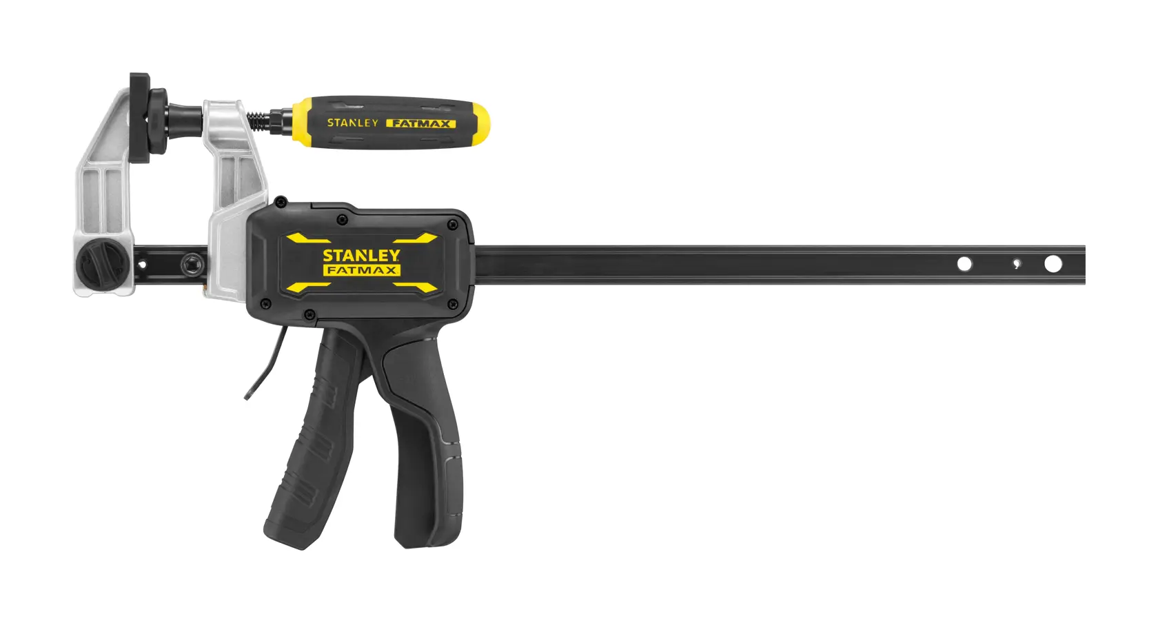 STANLEY FMHT83006-0 FATMAX trigger clamp, black and yellow, side angle photography on white background.