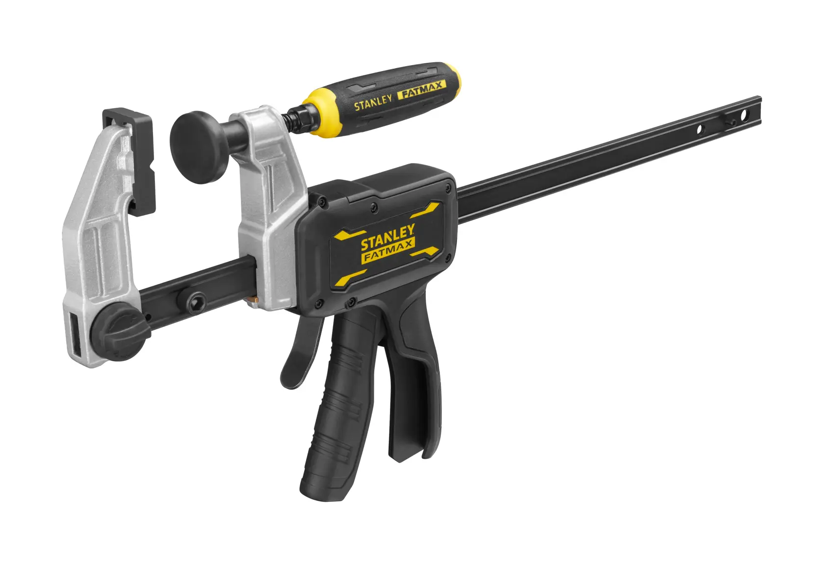 STANLEY FMHT83006-0 photography of a FATMAX trigger clamp with black and silver body, side angle.