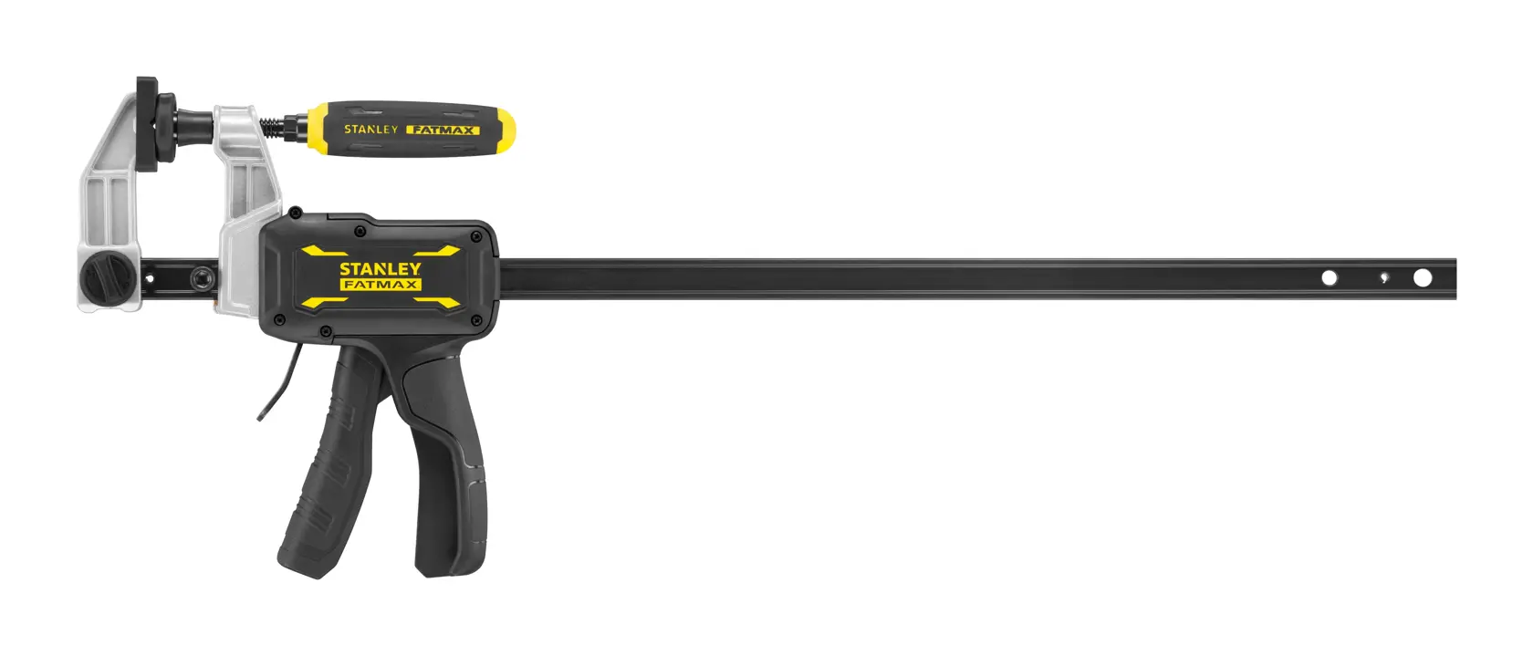 STANLEY FMHT83007-0 bar clamp with ergonomic handle, side view, black and yellow accents, photography.