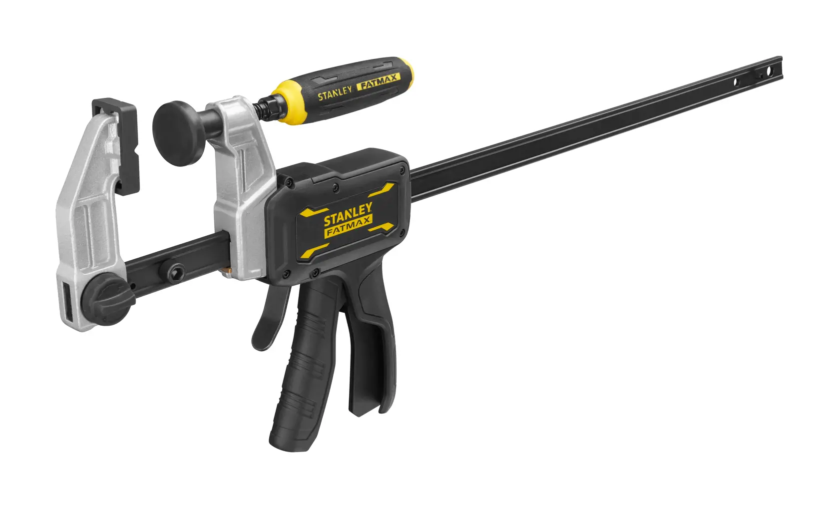 STANLEY FMHT83007-0 trigger clamp with pistol grip, black and silver, side angle on white background.