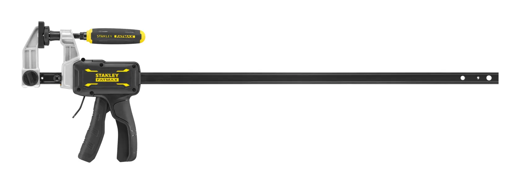 STANLEY FMHT83008-0 trigger bar clamp with black and yellow handle, side angle, white background.