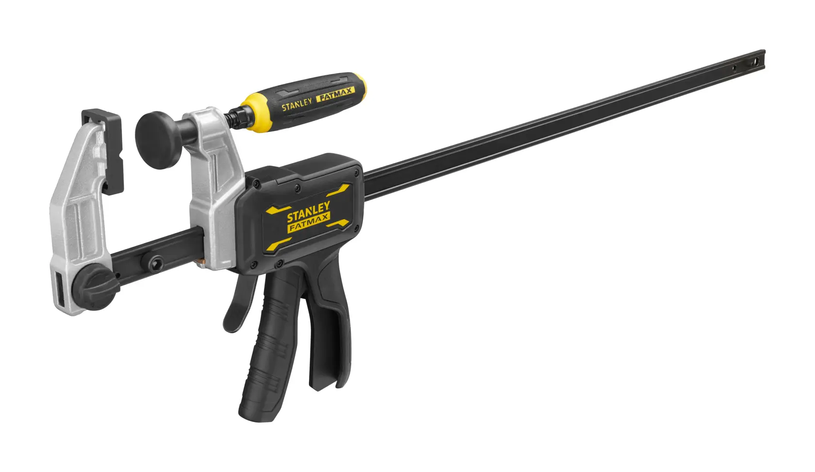 STANLEY FMHT83008-0 trigger clamp with yellow and black handle, side angle, photography product.