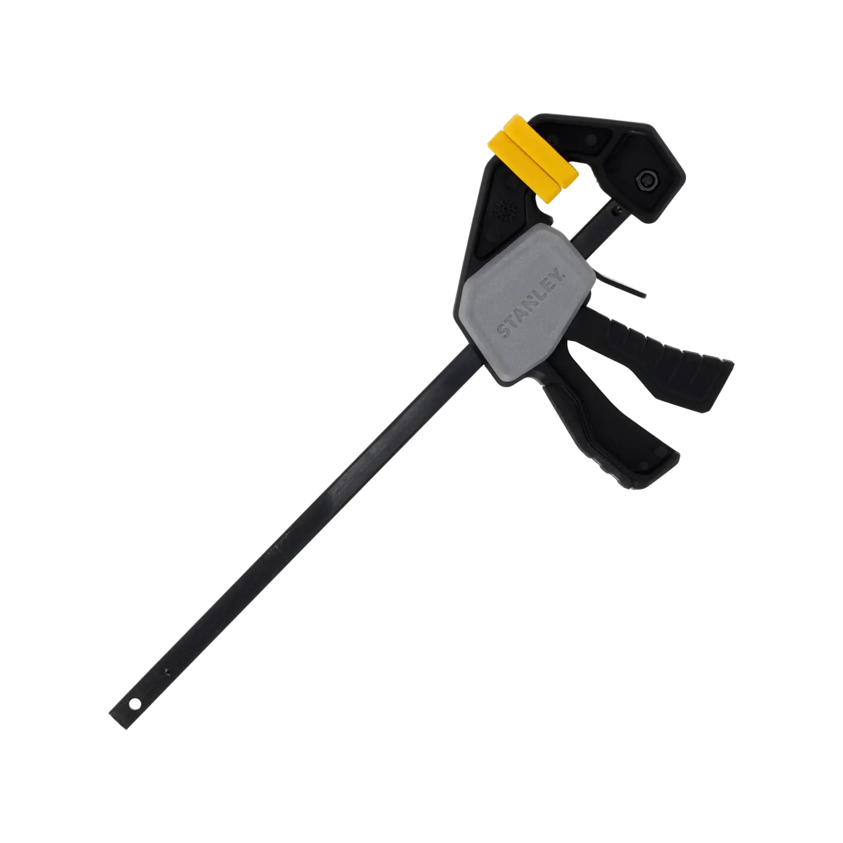 STANLEY FMHT83270-0 trigger clamp with black and yellow accents, side angle on white background.