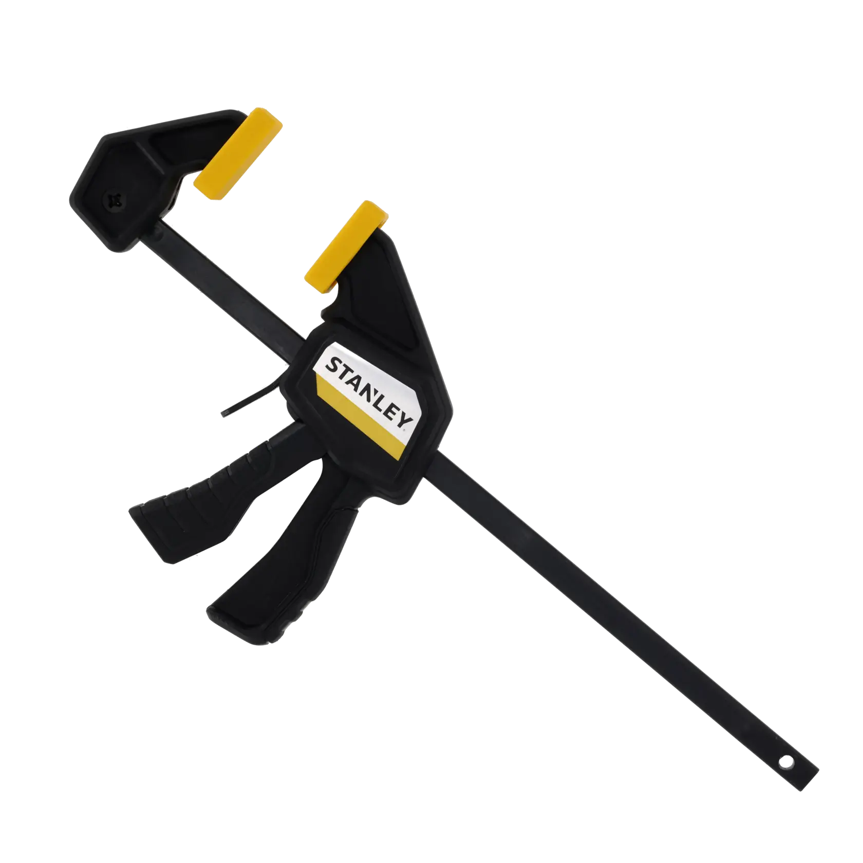 Photo of STANLEY FMHT83270-0 black and yellow quick grip bar clamp, side angle on white background.