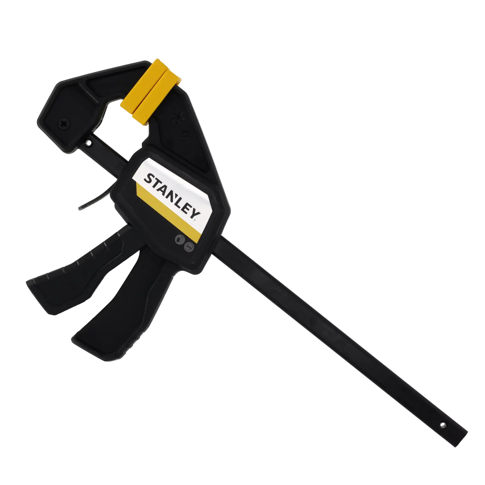 STANLEY FMHT83271-0 quick-grip clamp in black and yellow, side angle, photo on white background.