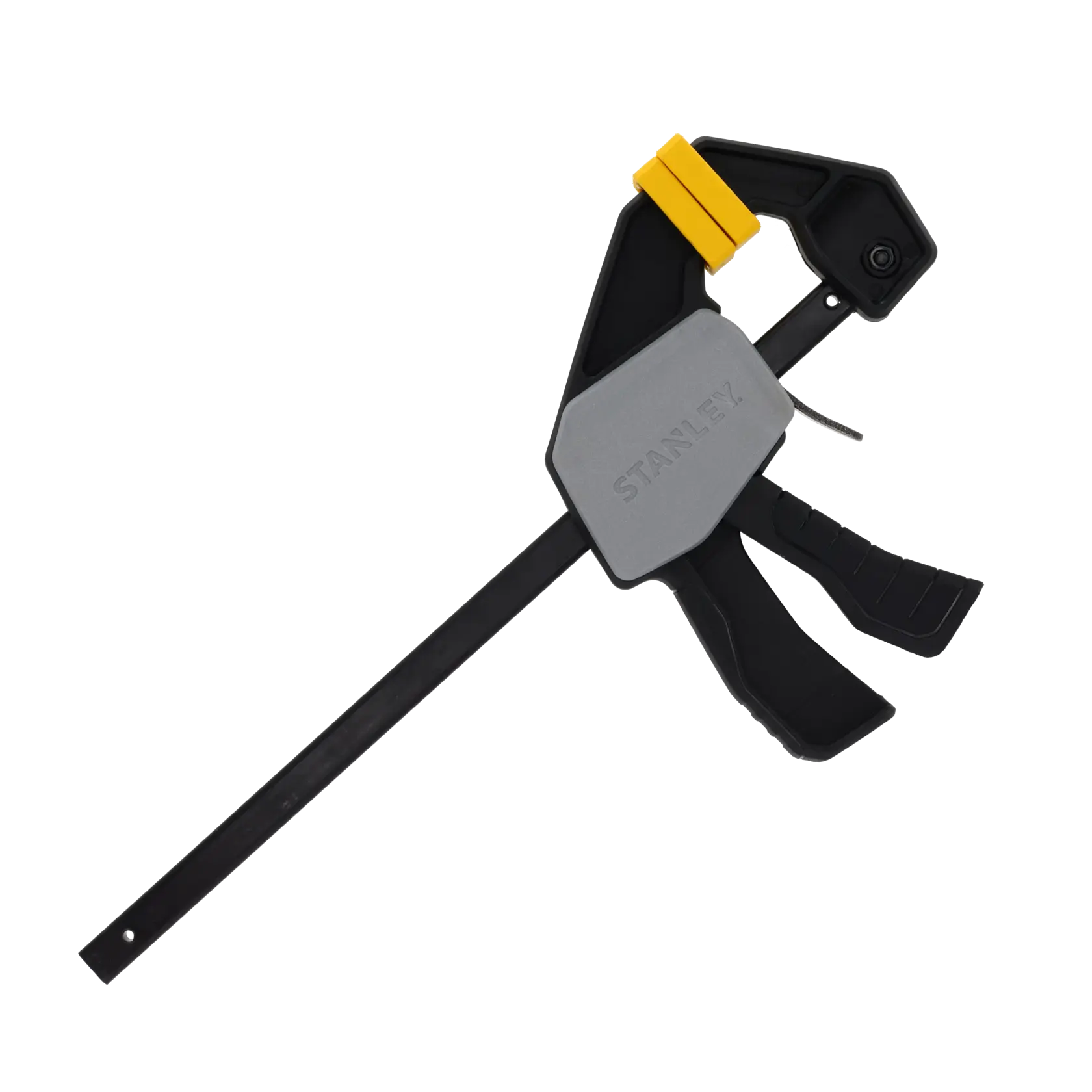 STANLEY FMHT83271-0 quick change bar clamp with black and yellow accents, side angle on white background.