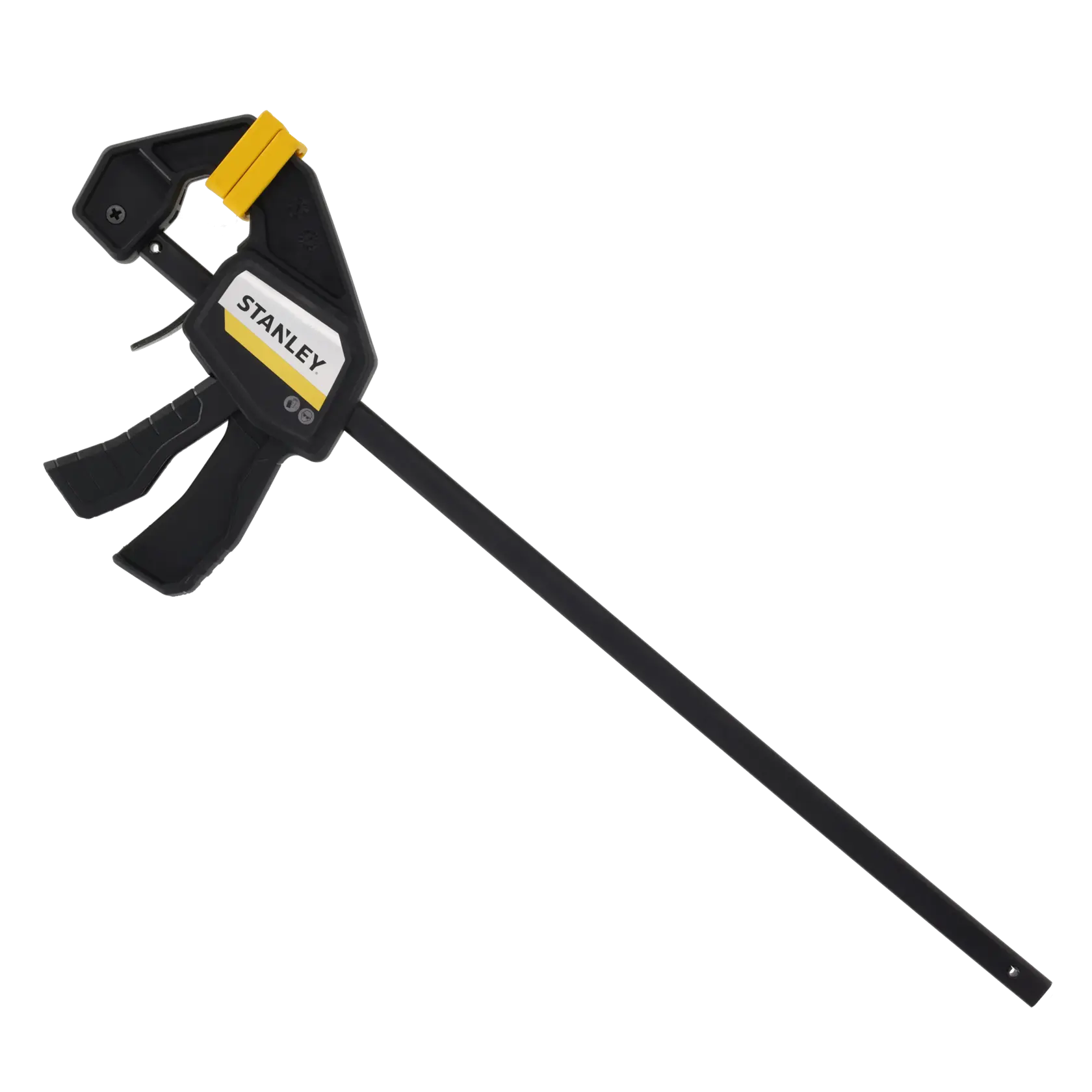 Photo of STANLEY FMHT83272-0 bar clamp, black and yellow, right side view on white background.