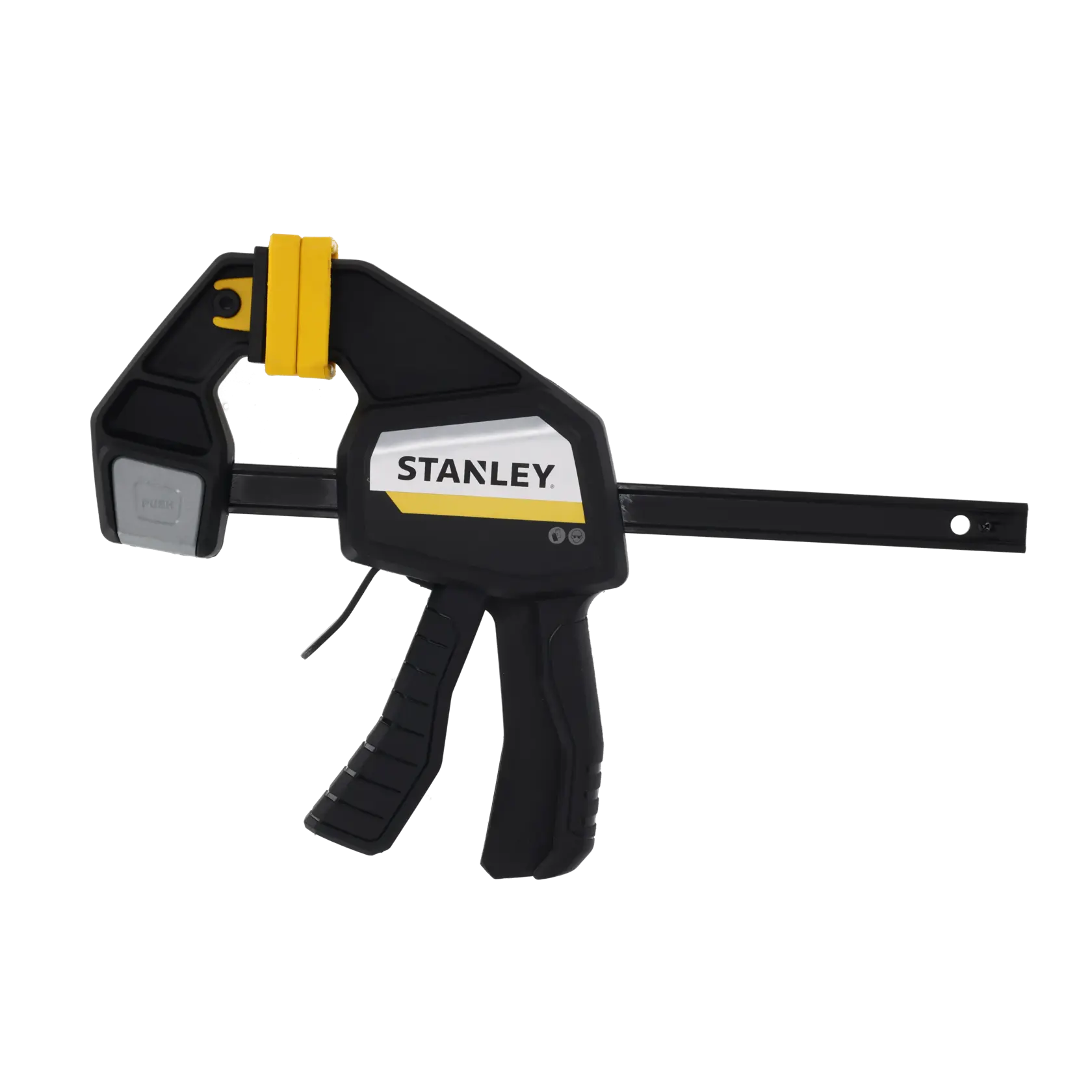 STANLEY FMHT83273-0 bar clamp with black and yellow body, side angle on white background.