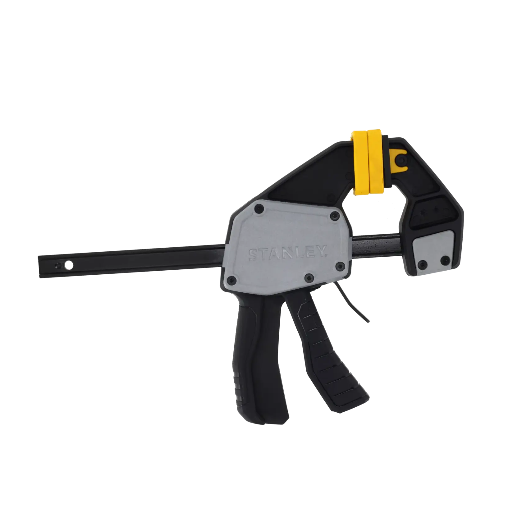 Photo of STANLEY FMHT83273-0 quick grip clamp with black, grey, and yellow accents, side angle.