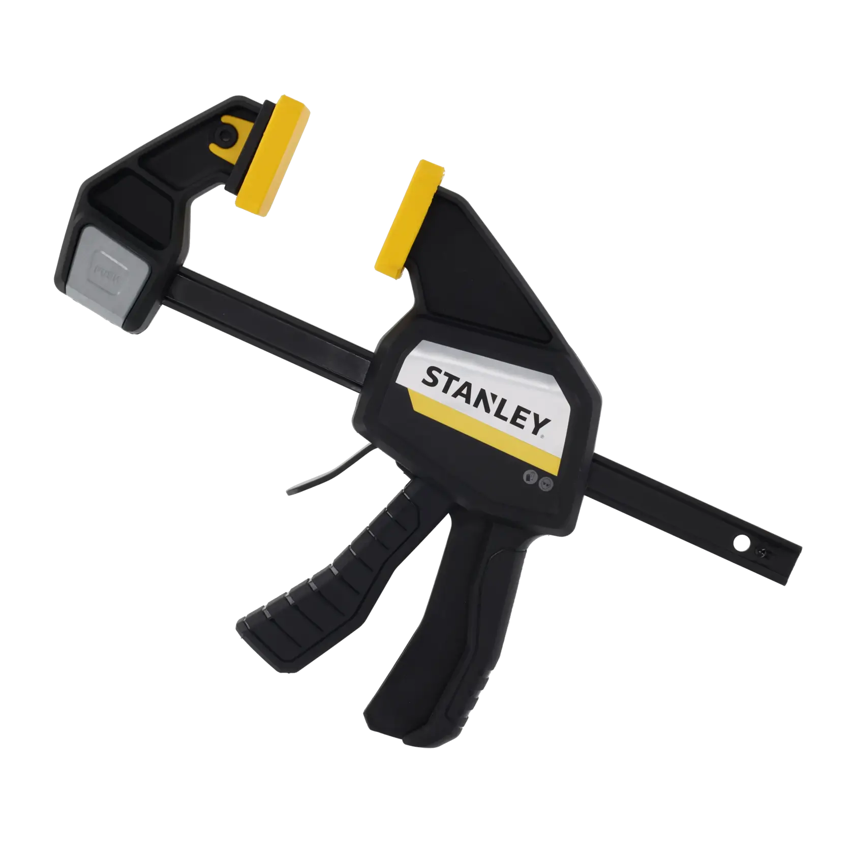 STANLEY FMHT83273-0 photography of black and yellow quick-adjust bar clamp, side angle on white background.