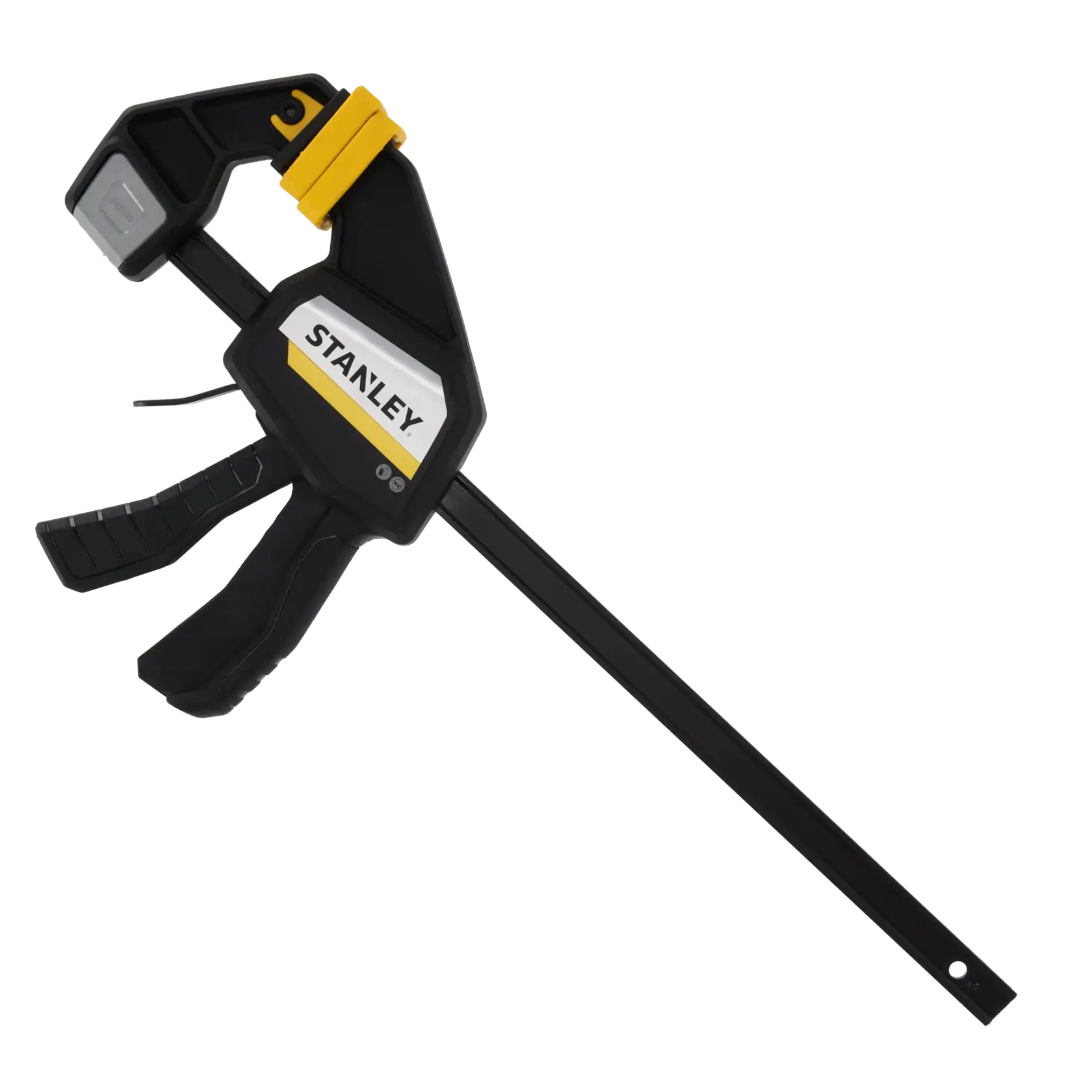 STANLEY FMHT83274-0 black and yellow quick-release bar clamp, side angle on white background.
