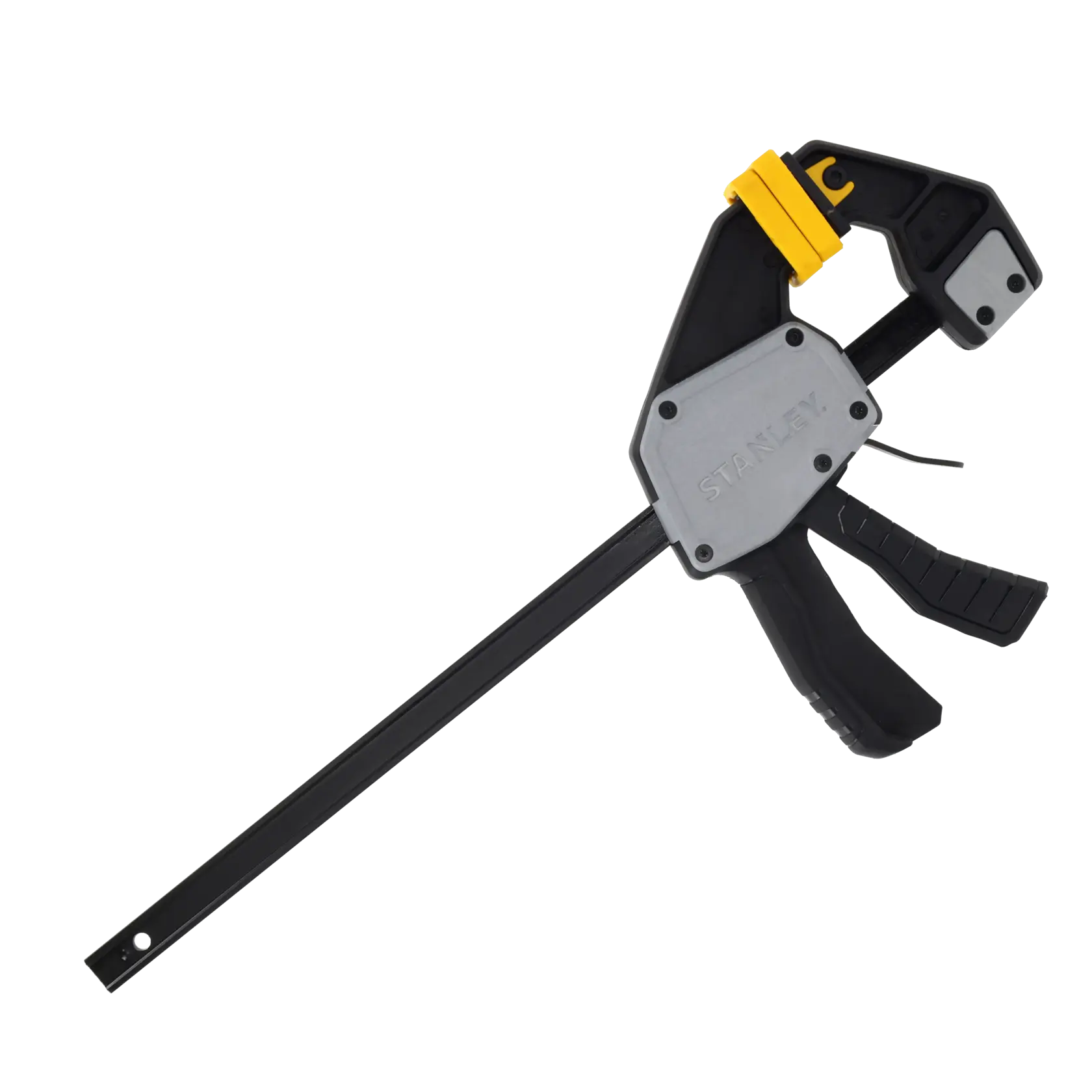 Stanley FMHT83274-0 bar clamp with black, yellow, and silver design, side angle on white background.