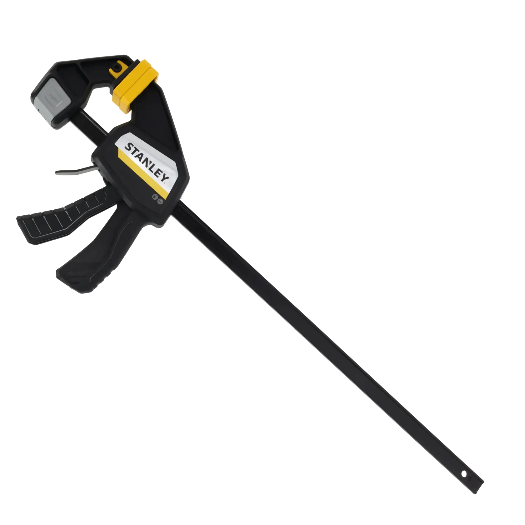STANLEY FMHT83275-0 trigger clamp, black and yellow, side angle on white background.