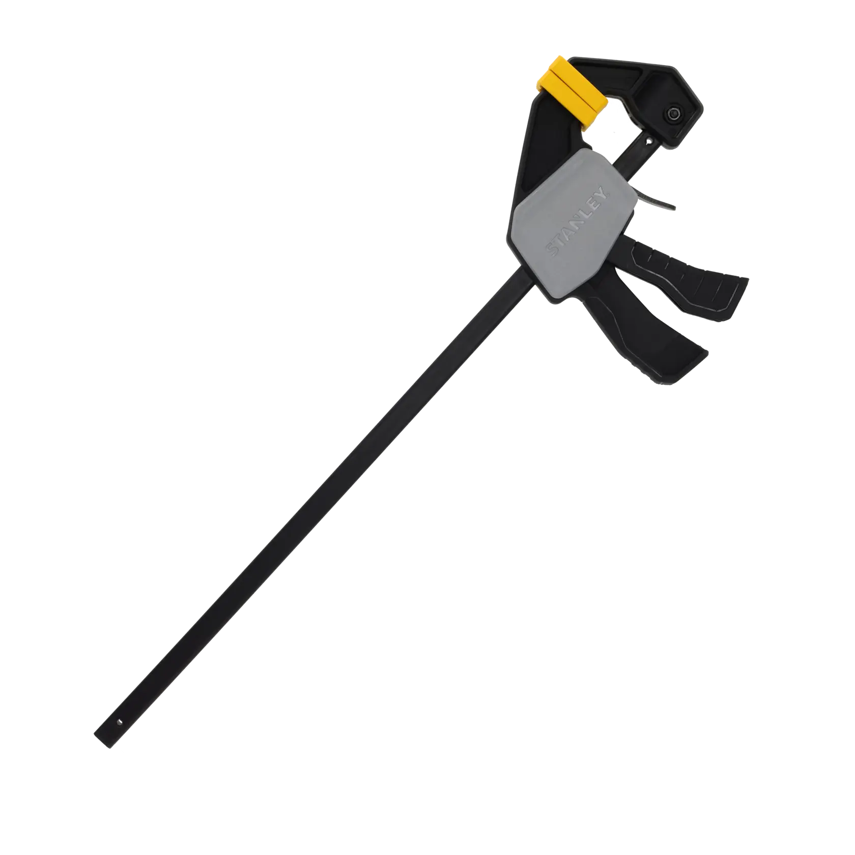 STANLEY FMHT83275-0 quick-change bar clamp, black and yellow, side angle photo on white background.