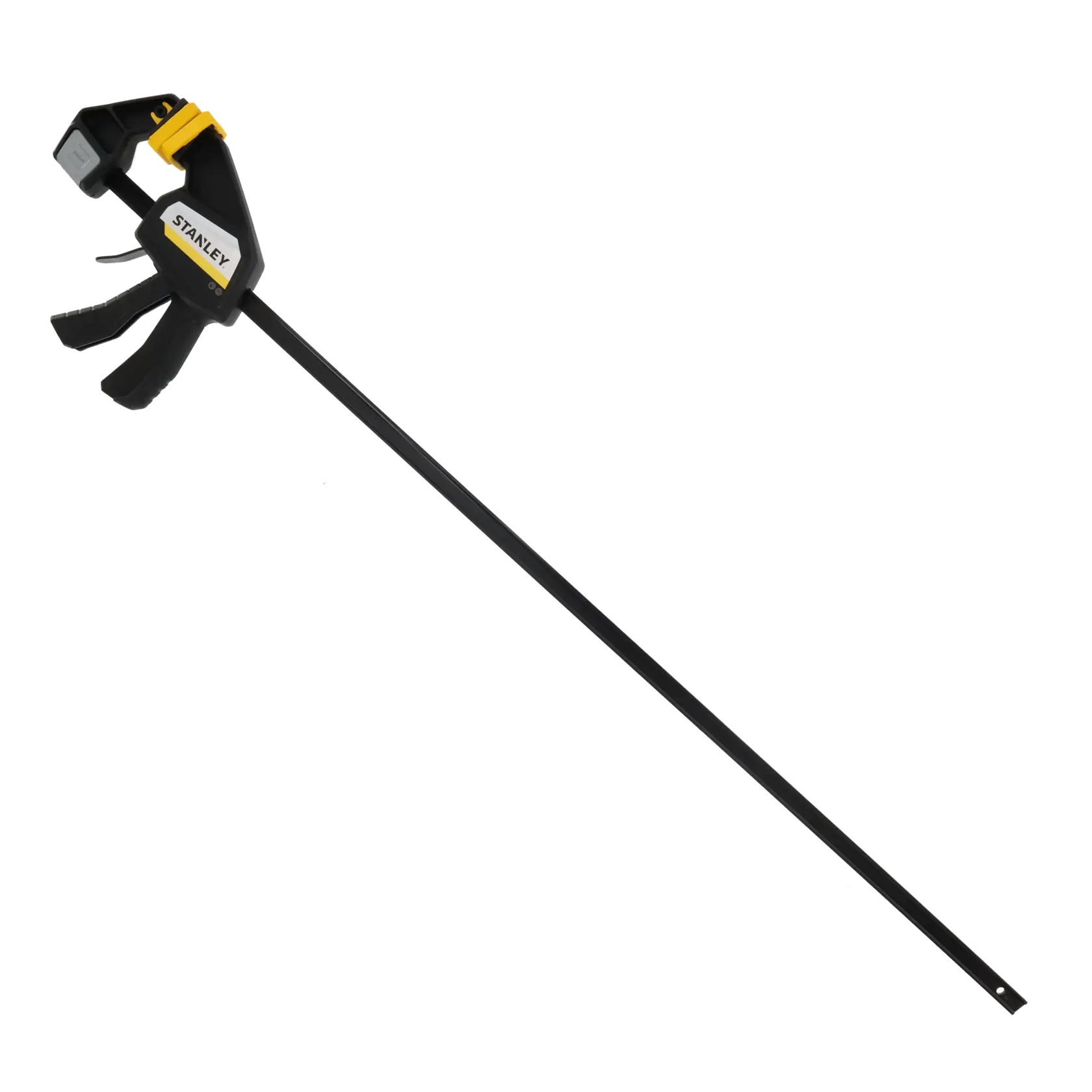 Photo of STANLEY FMHT83277-0 long bar clamp with black and yellow handle, side angle, white background.