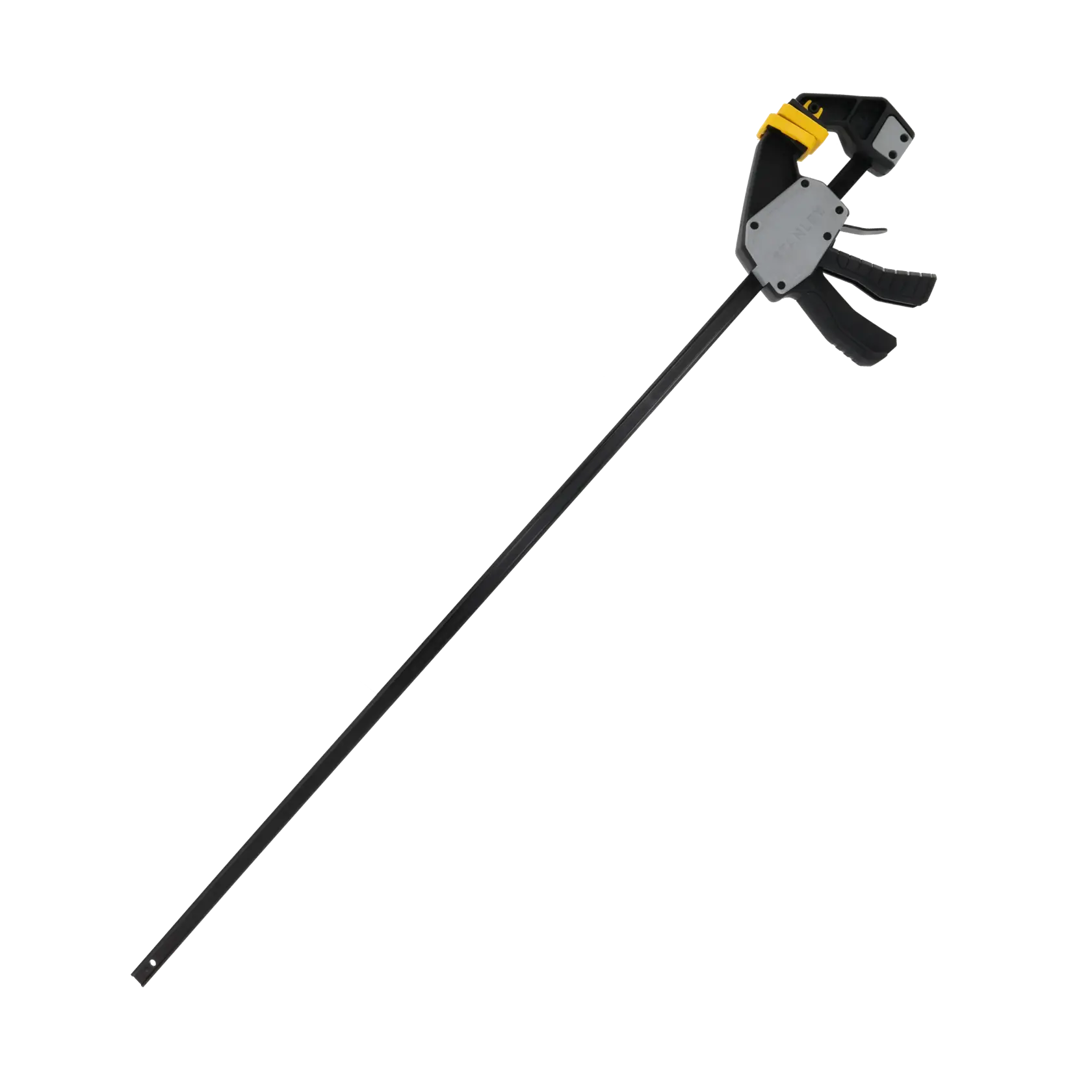 STANLEY FMHT83277-0 bar clamp with black and yellow handle, side angle on white background.