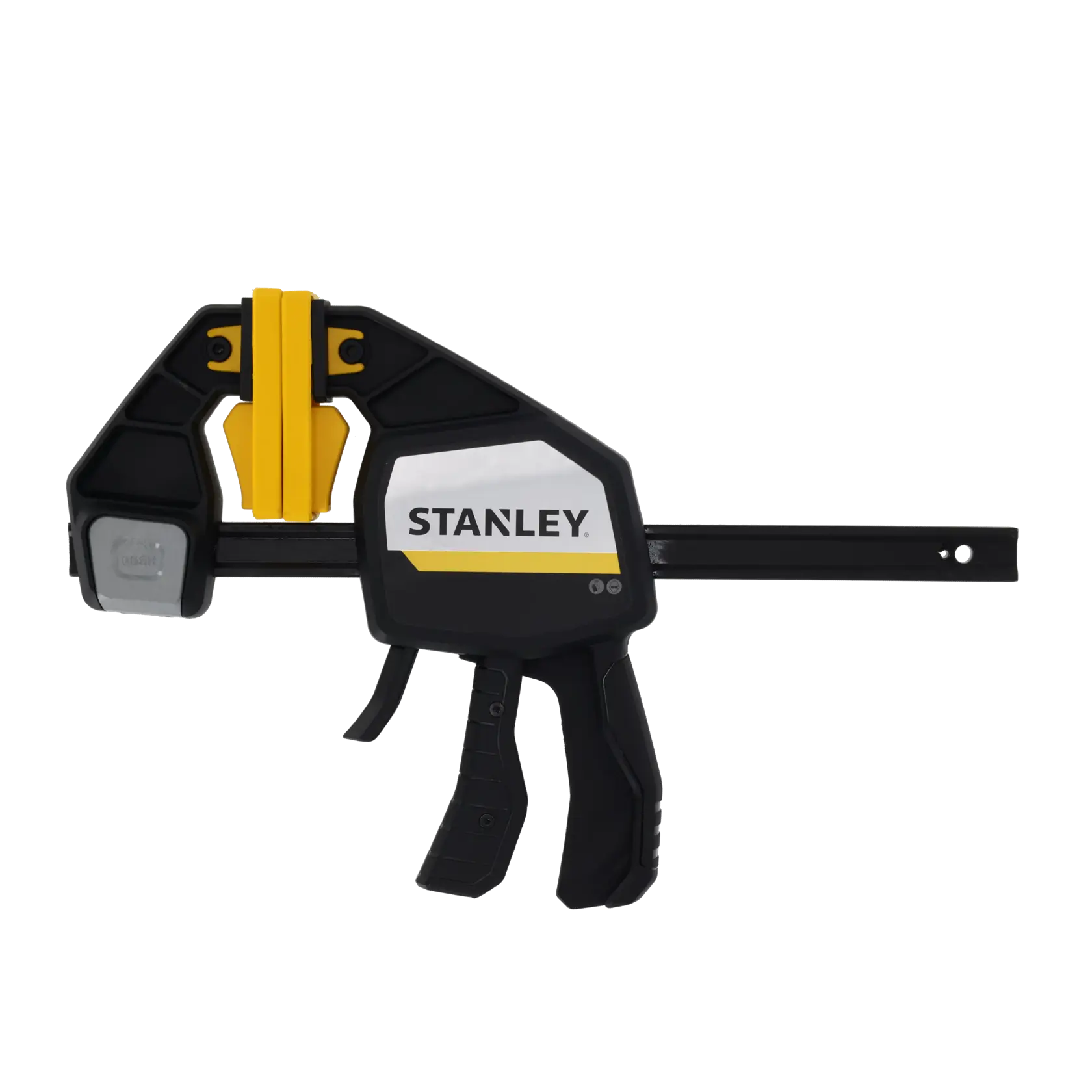 STANLEY FMHT83278-0 bar clamp with black and yellow handle, left side view on white background.