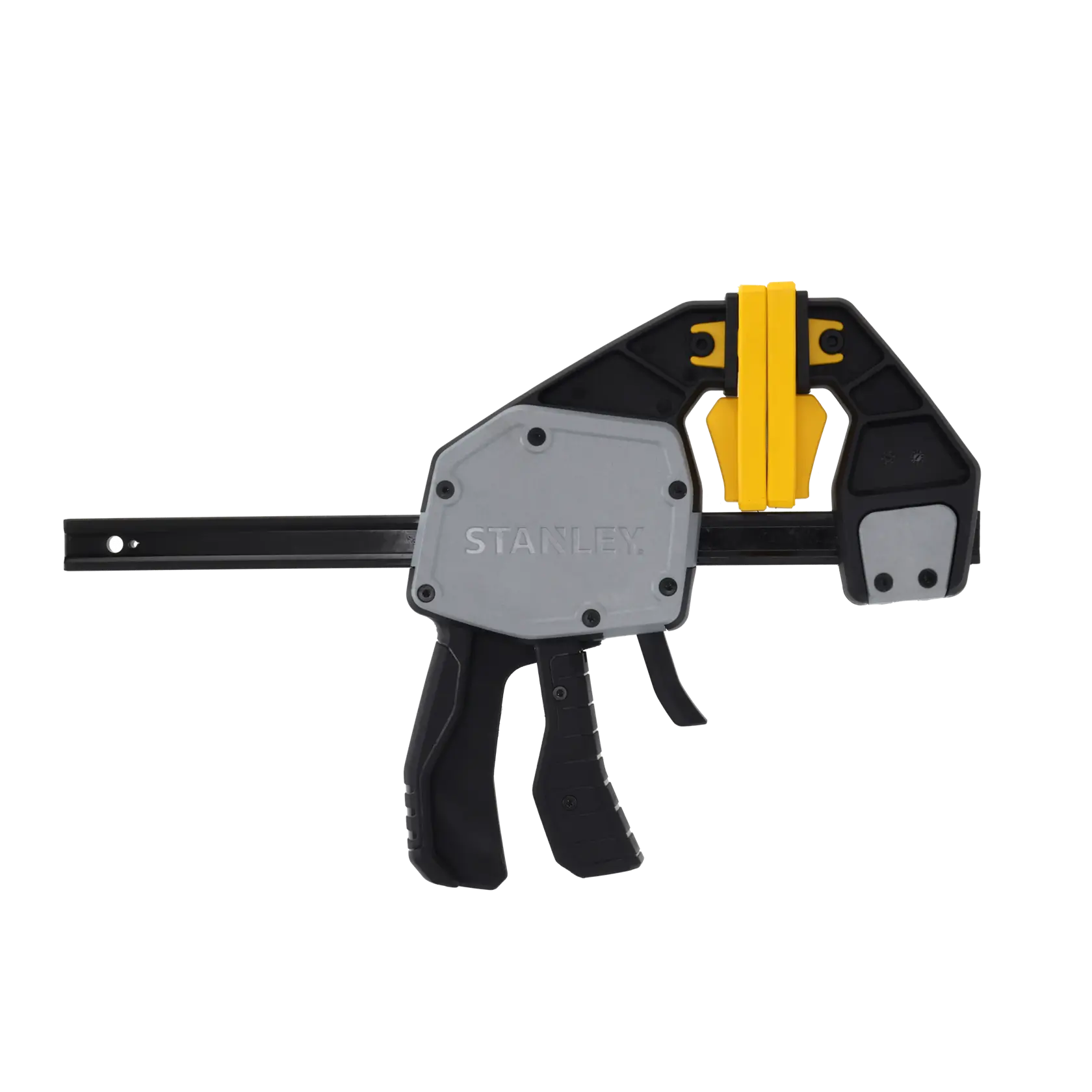 STANLEY FMHT83278-0 quick change bar clamp, black and yellow, product side angle on white background.