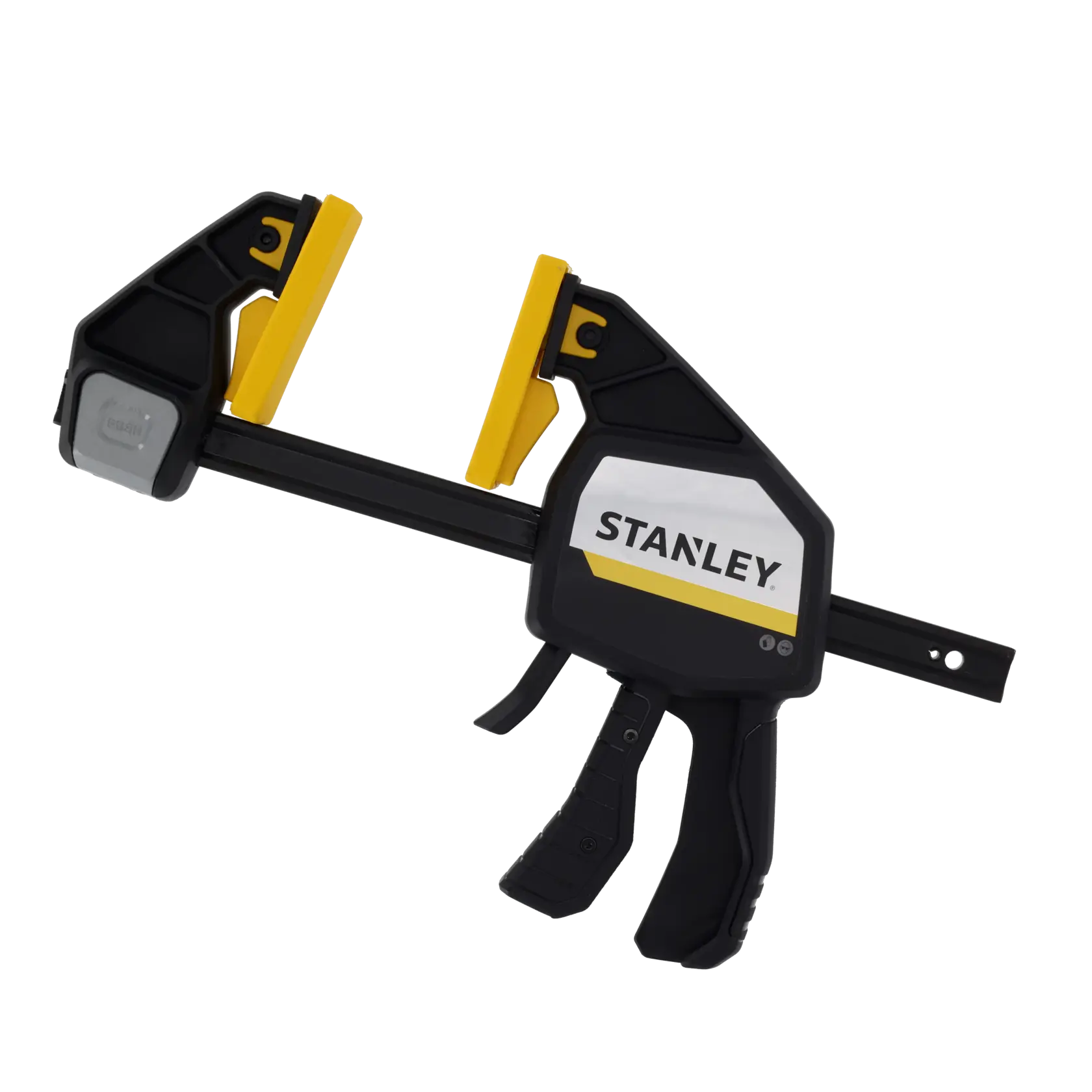 Photo of STANLEY FMHT83278-0 quick change bar clamp, black and yellow, right side angle on white background.