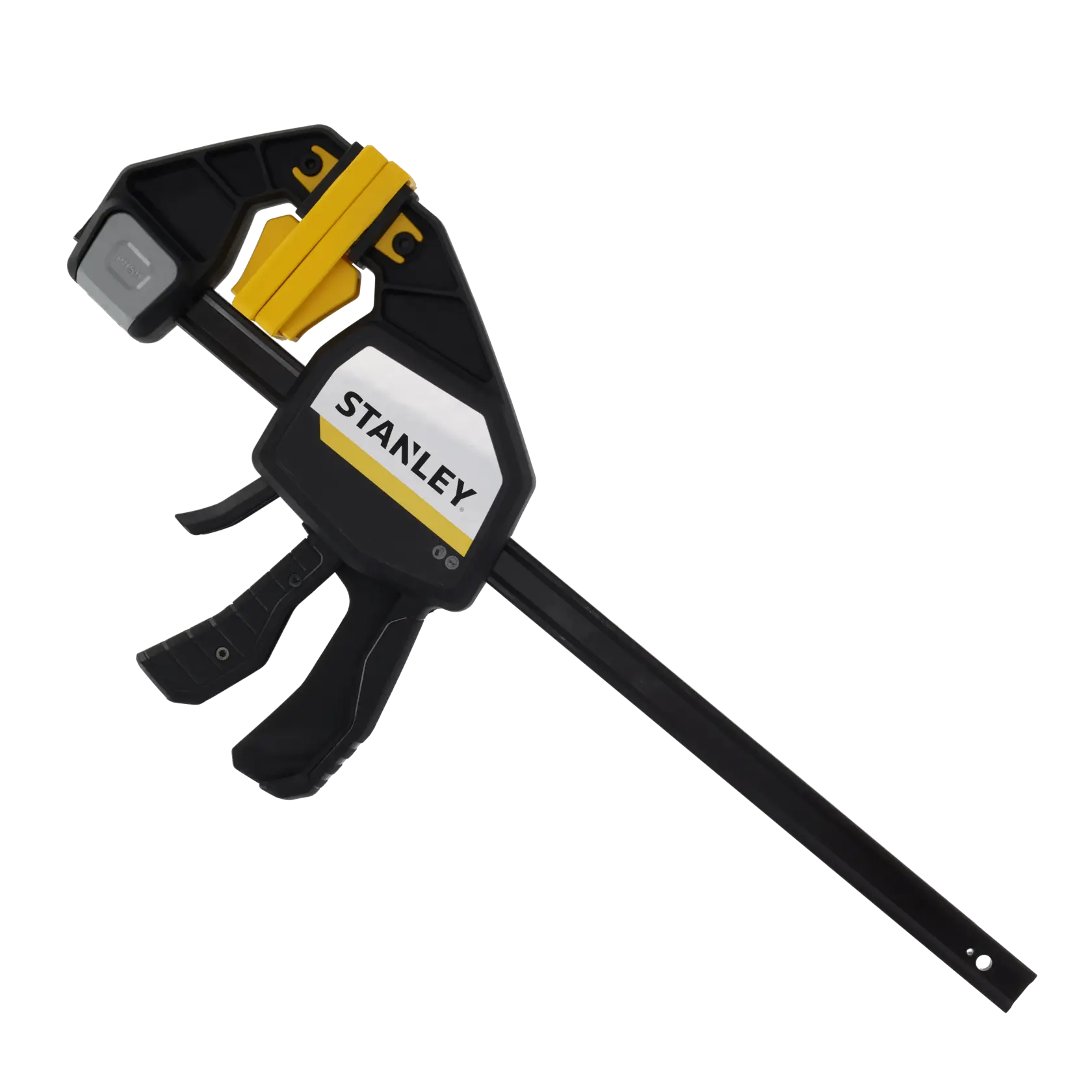 STANLEY FMHT83279-0 black and yellow trigger clamp, side angle, on white background.