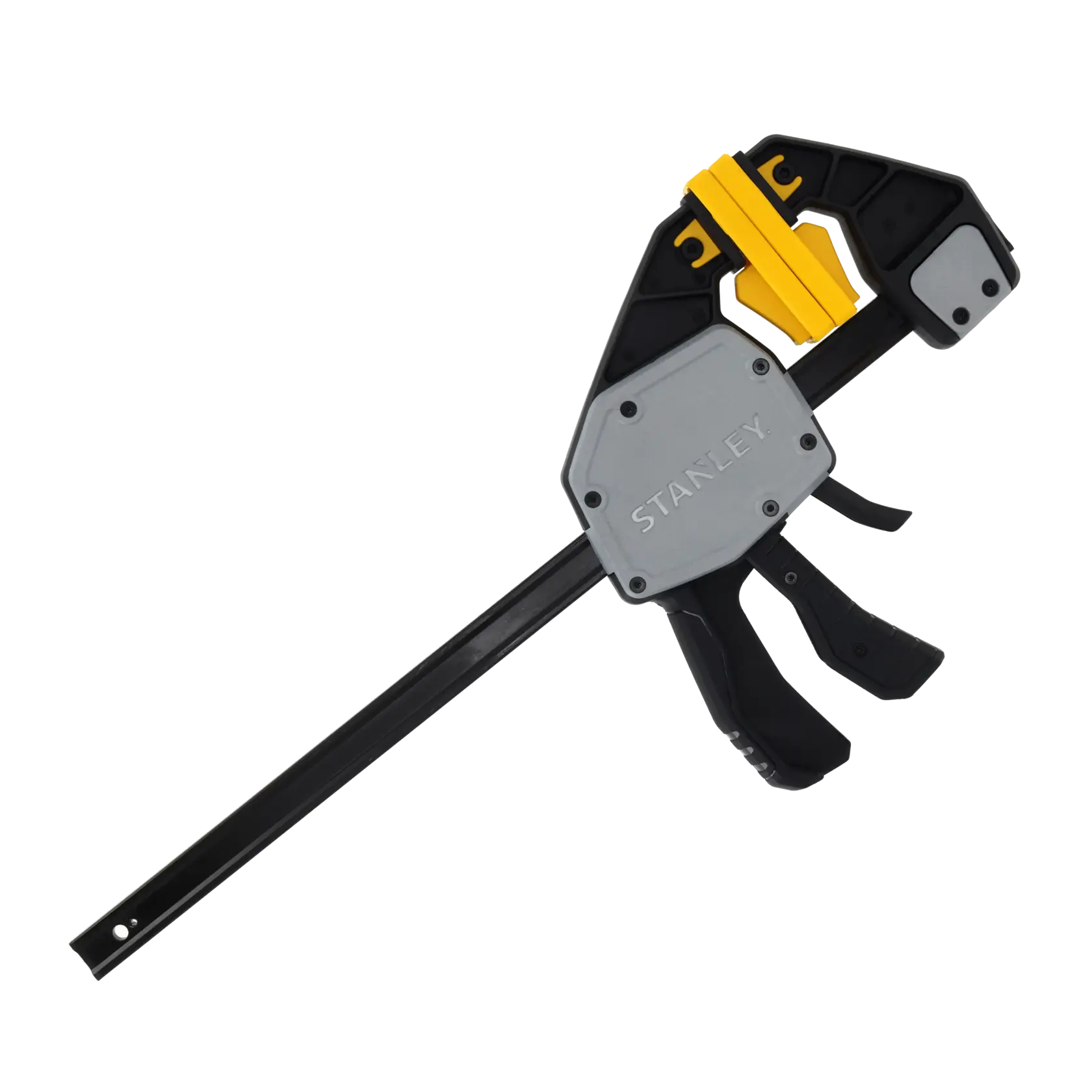 STANLEY FMHT83279-0 bar clamp with grey, black, and yellow plastic body, left angle on white background.