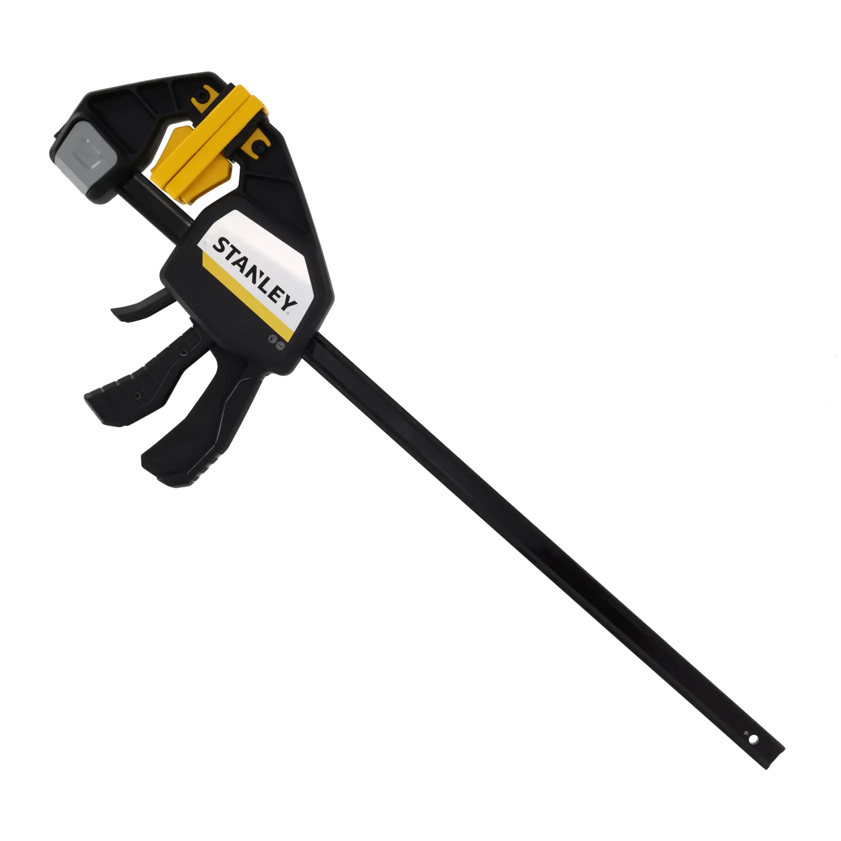 Photo of STANLEY FMHT83280-0 quick grip bar clamp, black and yellow, side angle on white background.