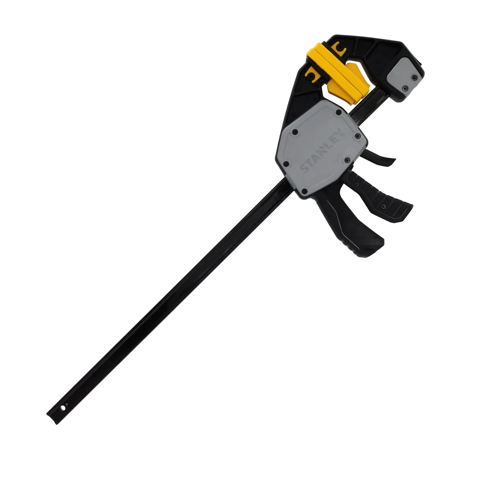 STANLEY FMHT83280-0 one-handed bar clamp, black and yellow, product photo on white background.
