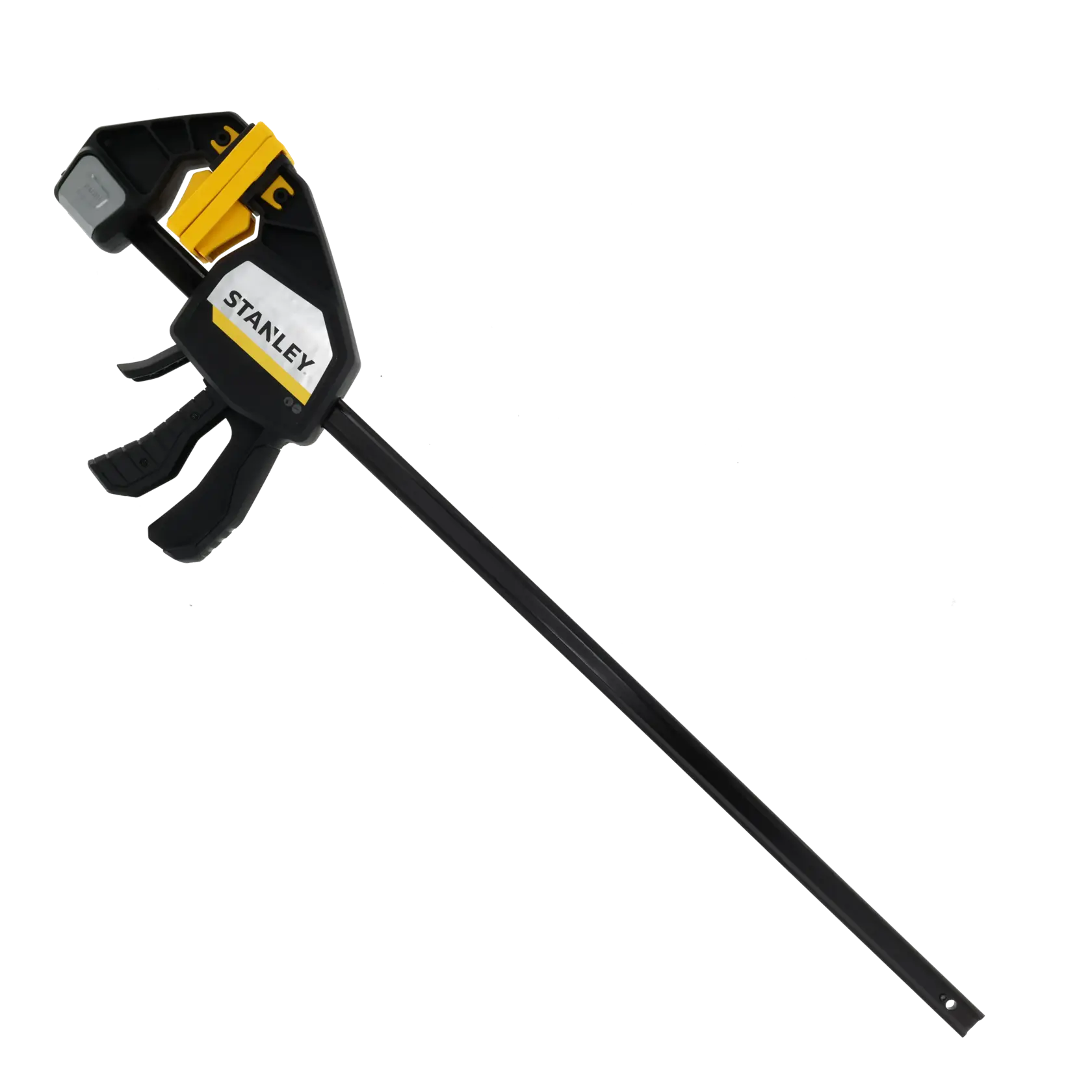 Photo of STANLEY FMHT83281-0 heavy-duty bar clamp in black and yellow, side angle on white background.