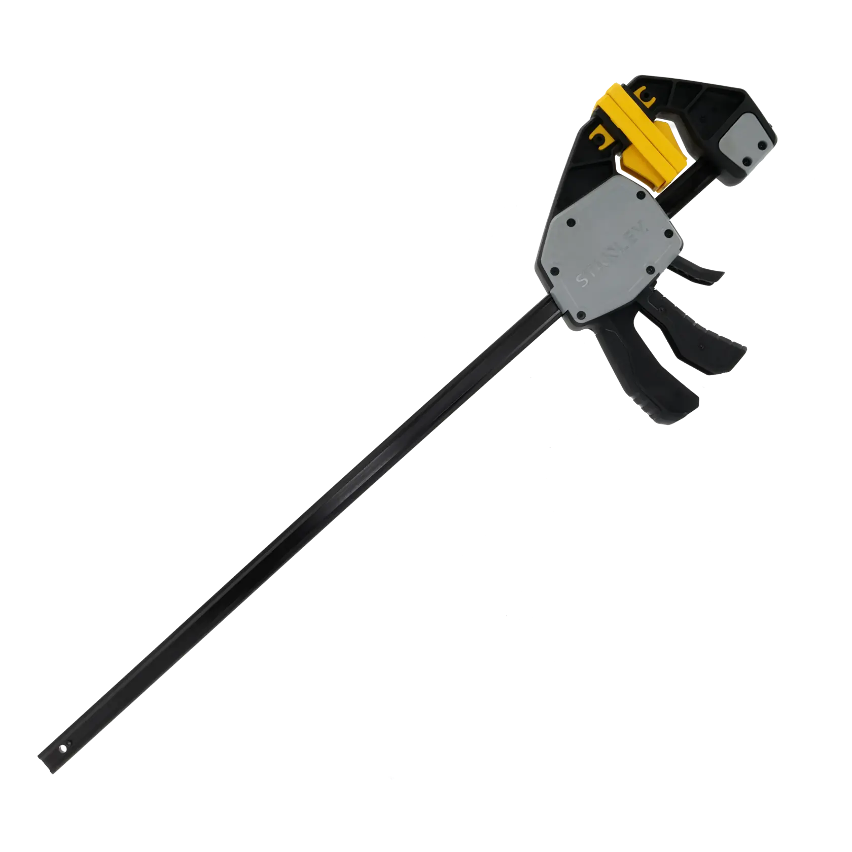 Photo of STANLEY FMHT83281-0 bar clamp with black handle and yellow accents, photography, angled on white background.