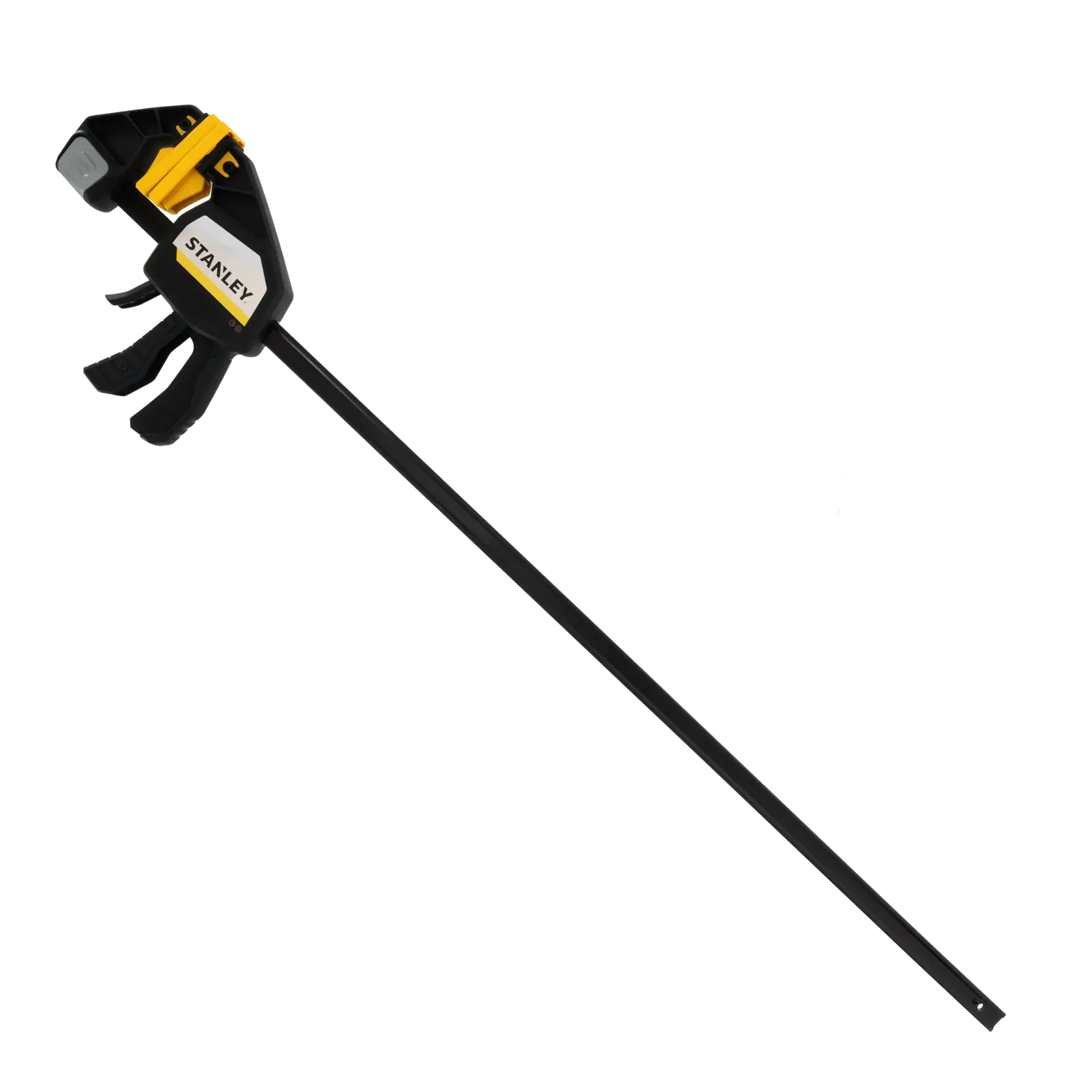 STANLEY FMHT83283-0 bar clamp, black and yellow, side angle on white background.