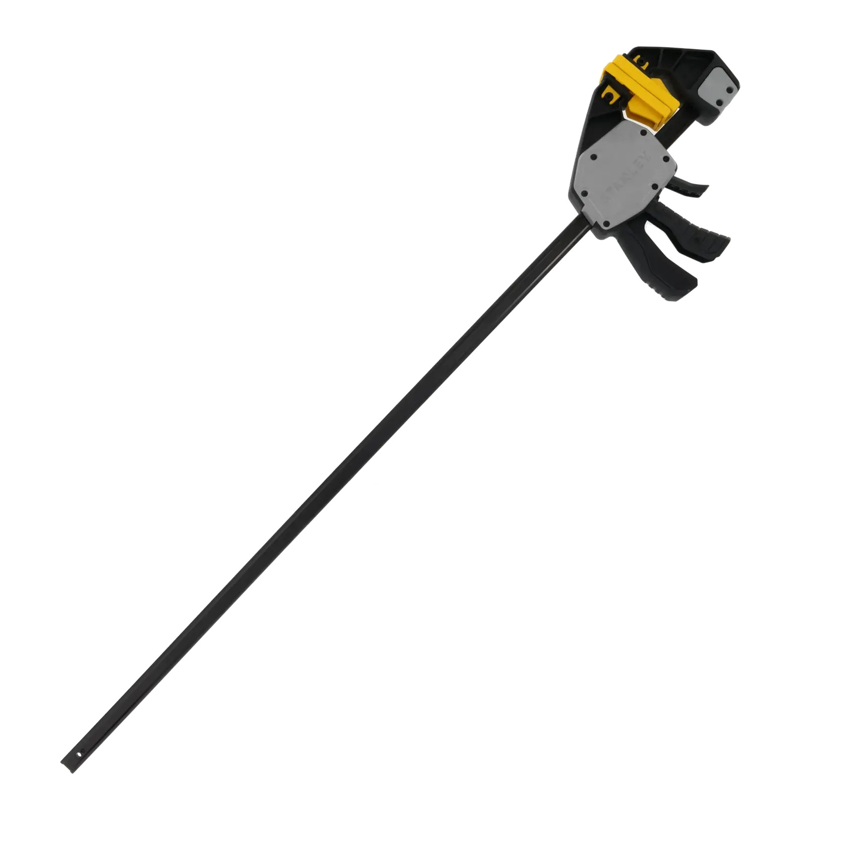 Photo of STANLEY FMHT83283-0 bar clamp with black and yellow body, side angle on white background.