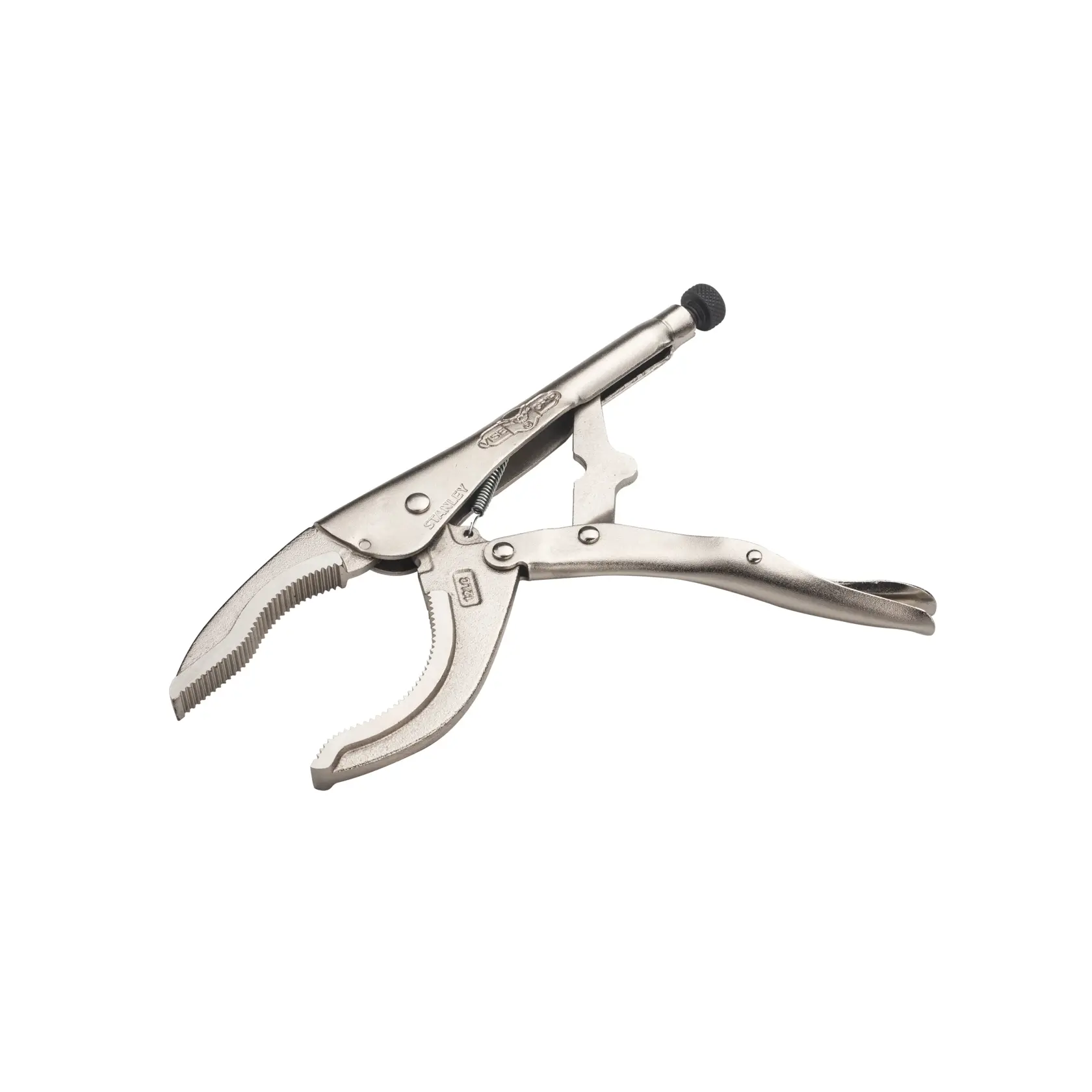 STANLEY STHT84900-0 curved jaw locking pliers, silver metal, side angle on white background.