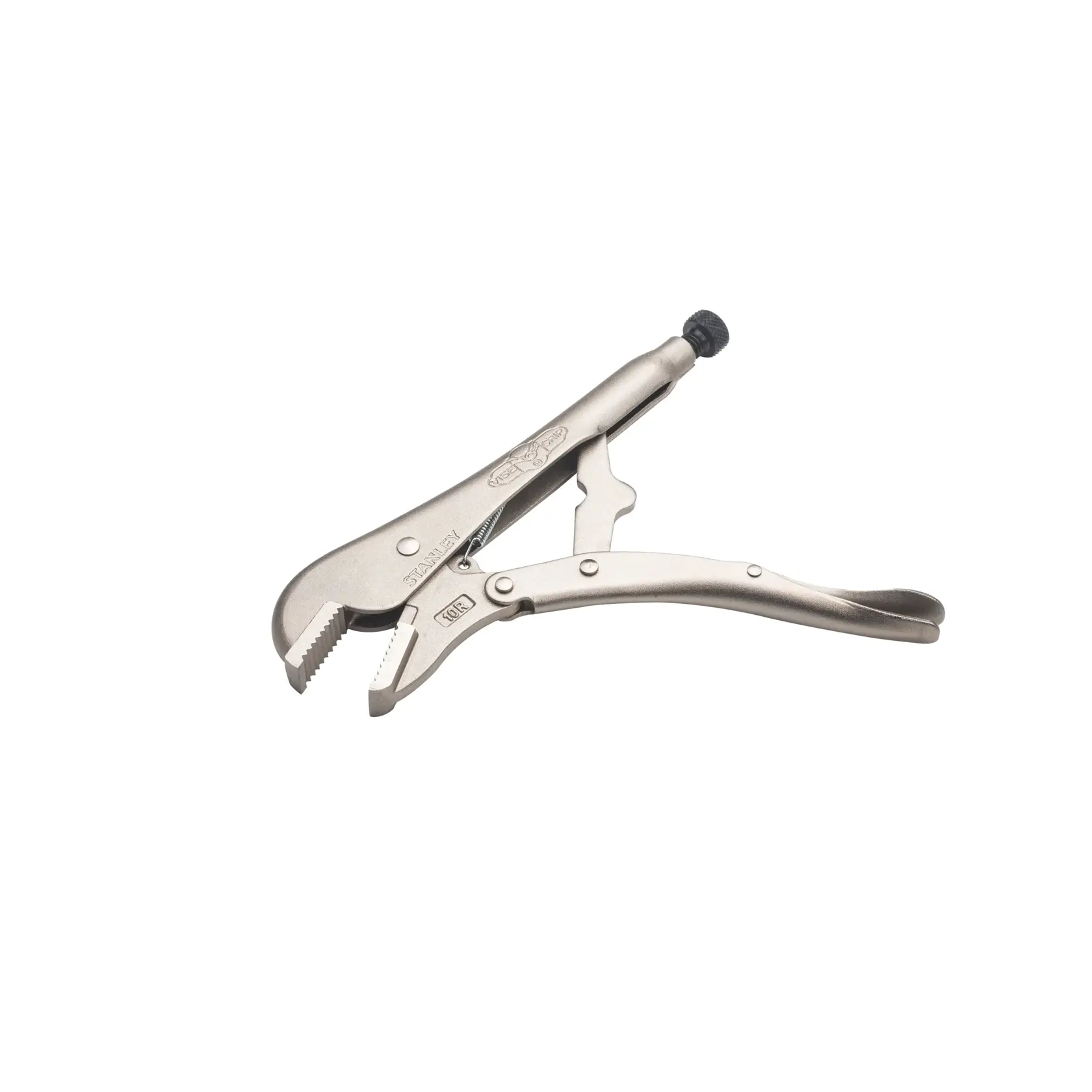 STANLEY FMHT84902-0 locking pliers, silver metal, side angle on white background.