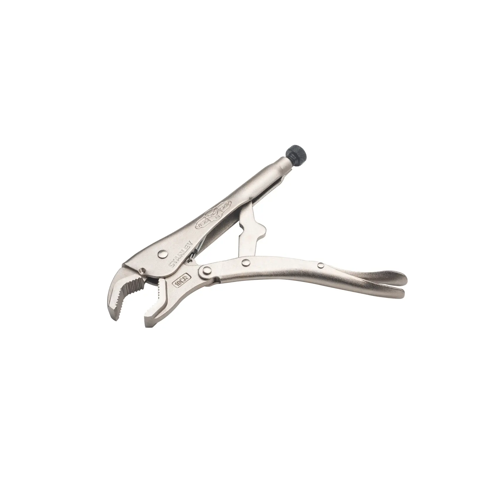 STANLEY FMHT84903-0 locking pliers, silver metal, side view on white background, curved jaw design.
